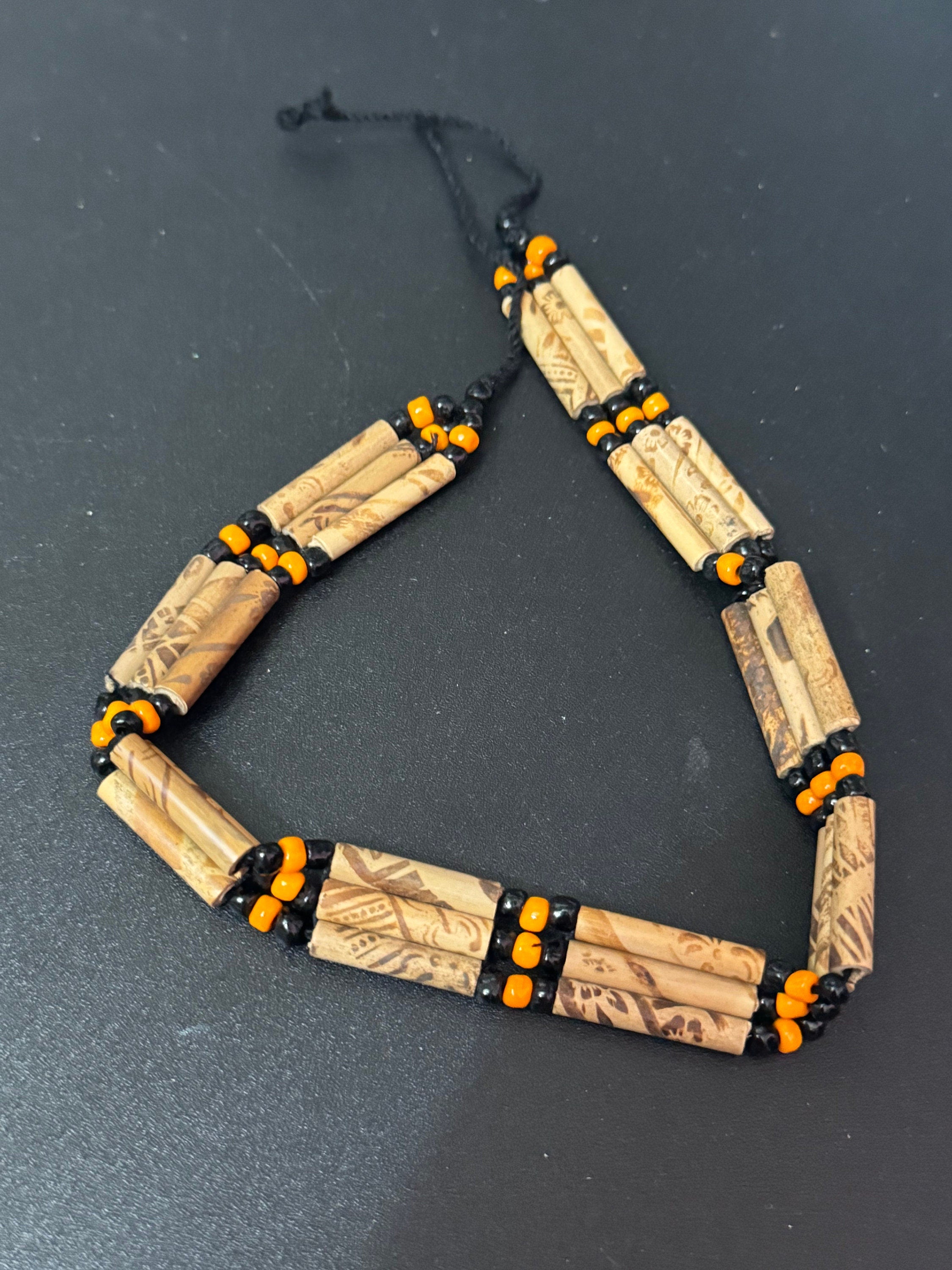 Boho Wooden Beaded Choker: Retro Orange & Black Tie Necklace