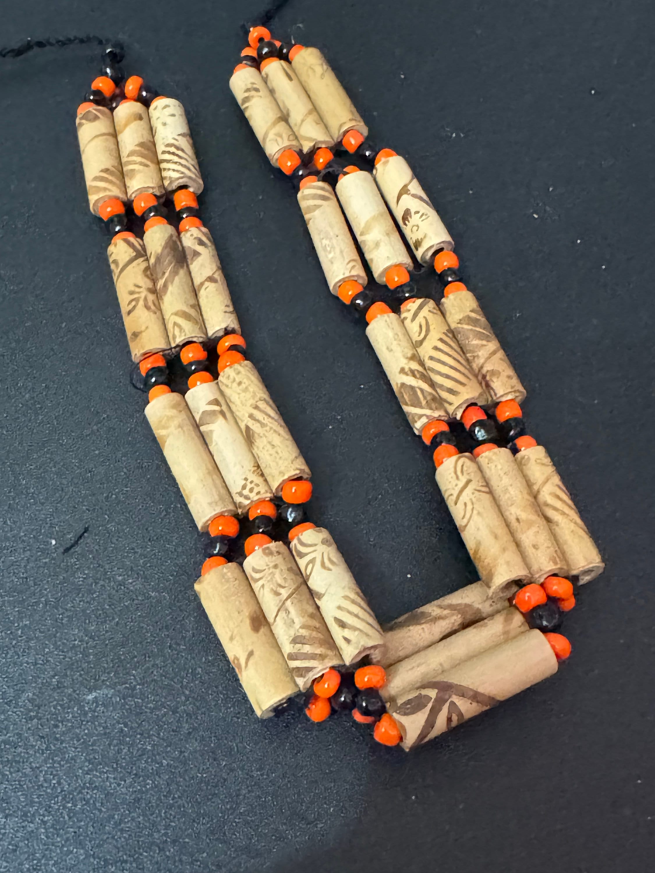 Boho Wooden Beaded Choker: Retro Orange & Black Tie Necklace
