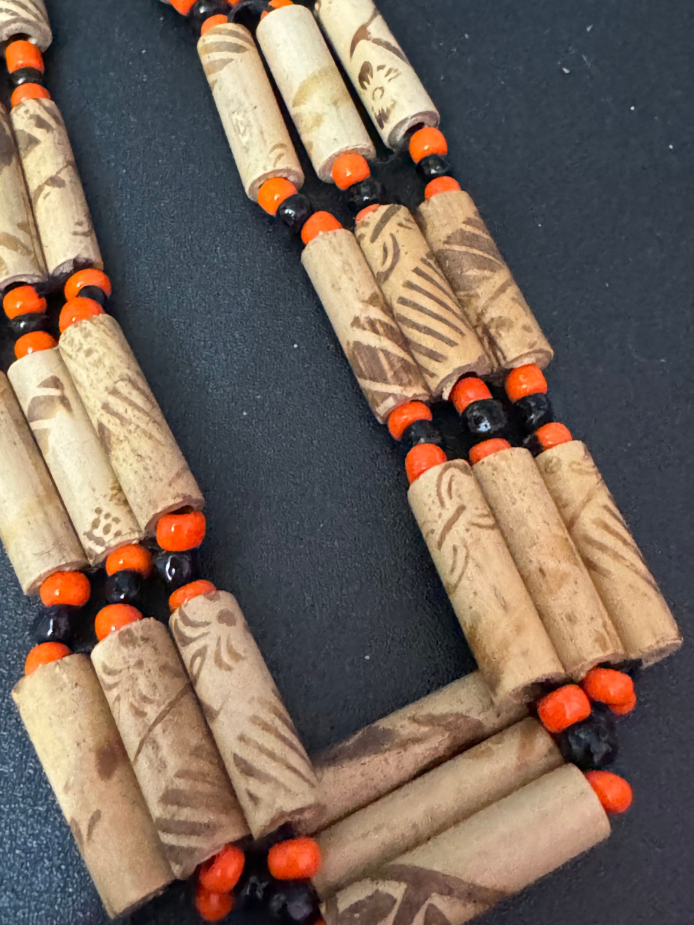 Boho Wooden Beaded Choker: Retro Orange & Black Tie Necklace
