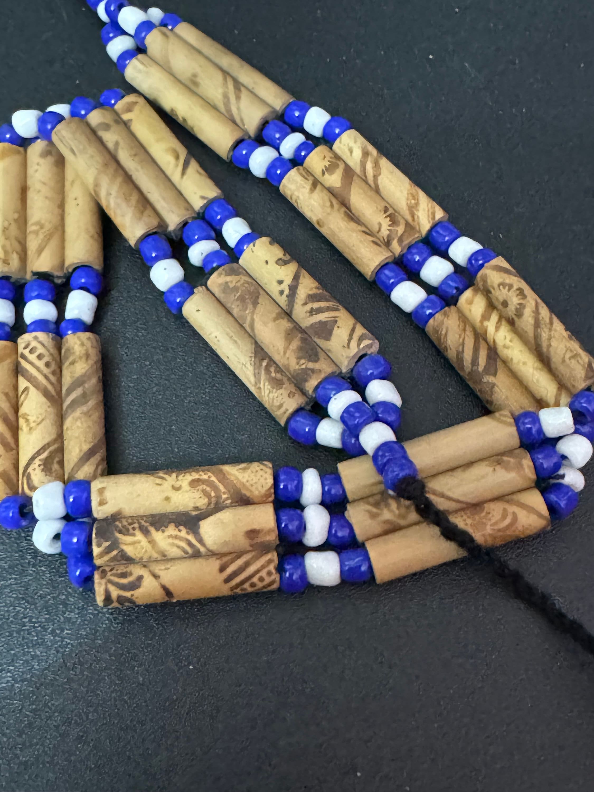 Boho Wooden Beaded Choker: Blue, White, and Black Tie Necklace