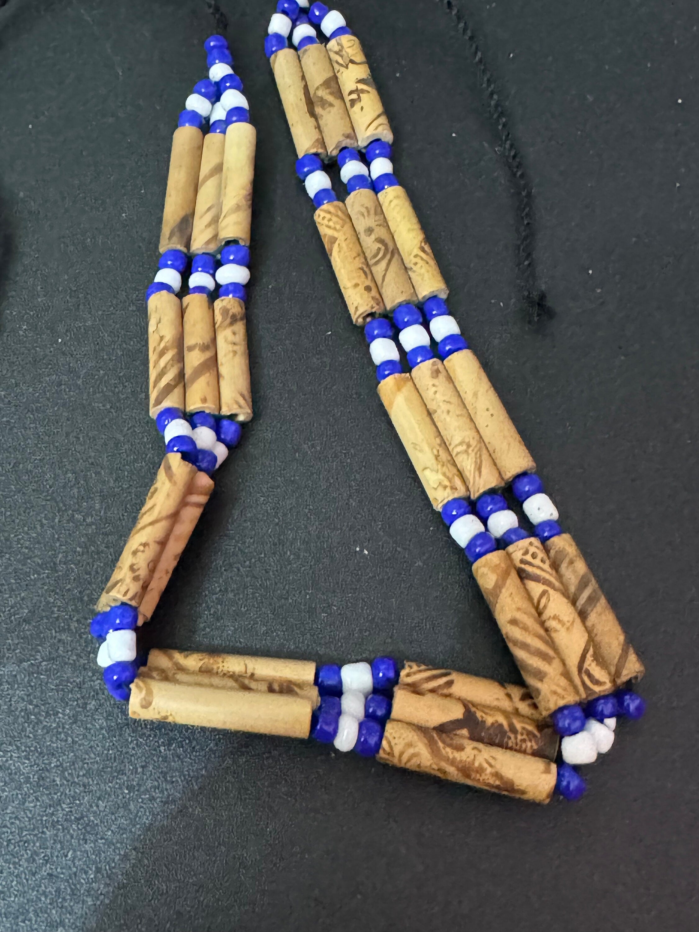 Boho Wooden Beaded Choker: Blue, White, and Black Tie Necklace