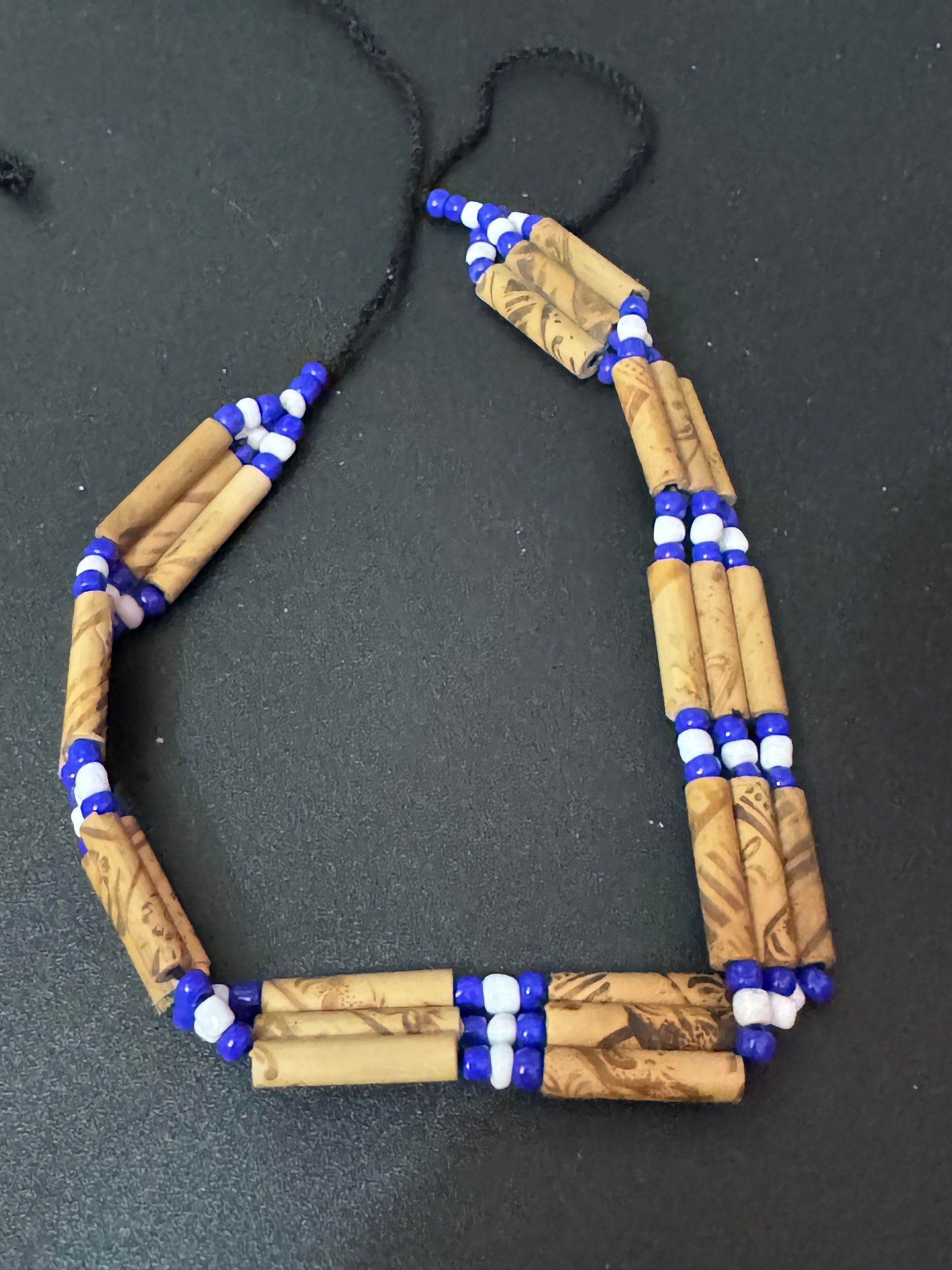 Boho Wooden Beaded Choker: Blue, White, and Black Tie Necklace