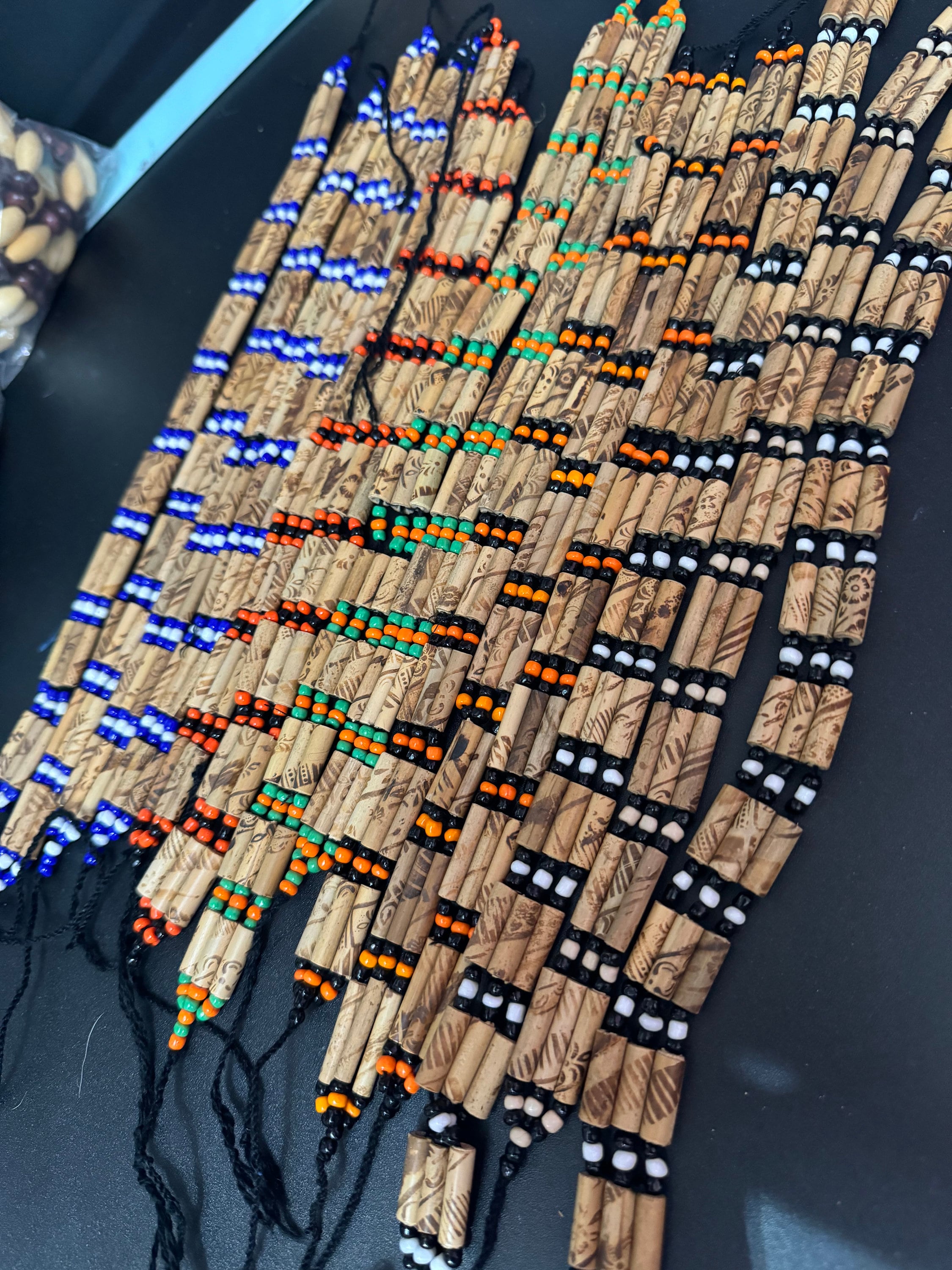 Boho Wooden Beaded Choker: Blue, White, and Black Tie Necklace