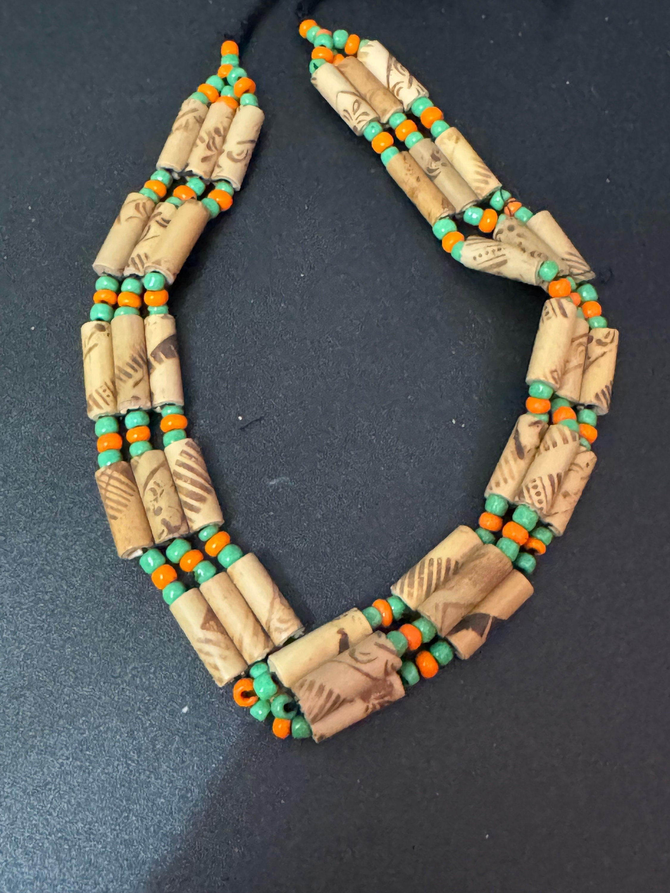 Boho Wooden Beaded Choker: Retro Orange & Green Tie Necklace