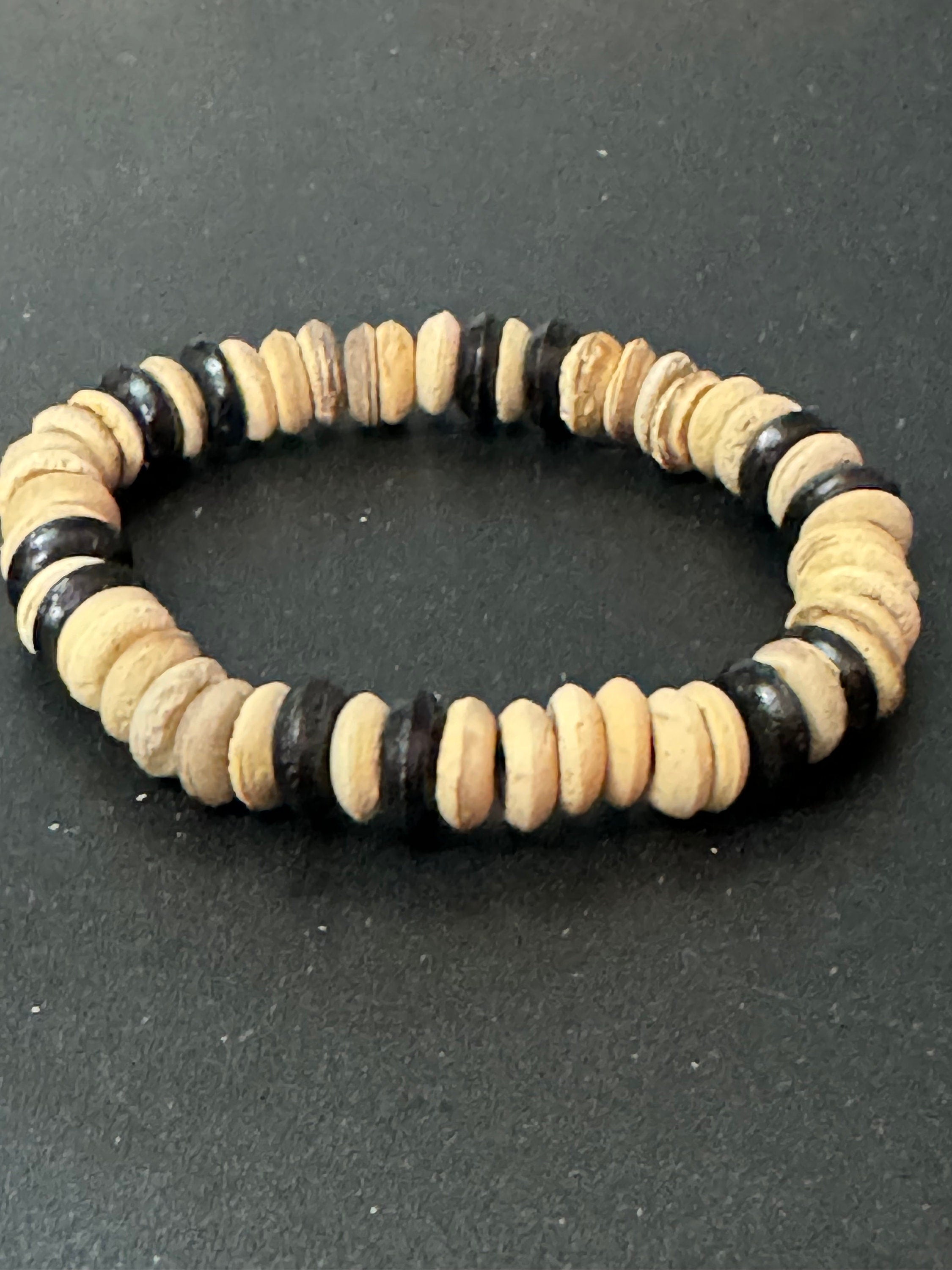 Boho Wood & Nut Beaded Stretch Bracelet, Unisex Beach Jewellery
