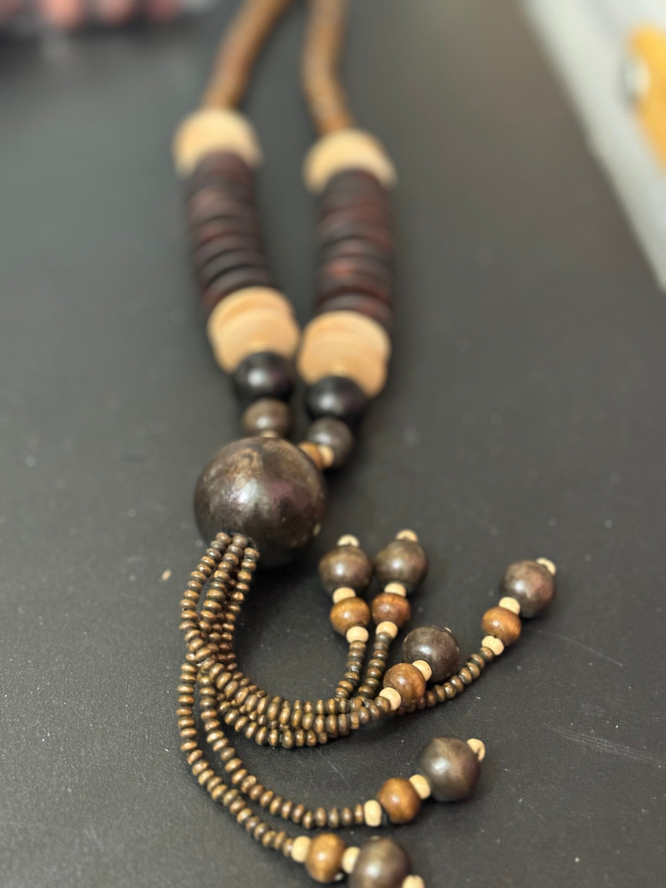 chunky vintage dark reddish brown wooden natural nut round beaded layering tassel necklace boho festival jewellery