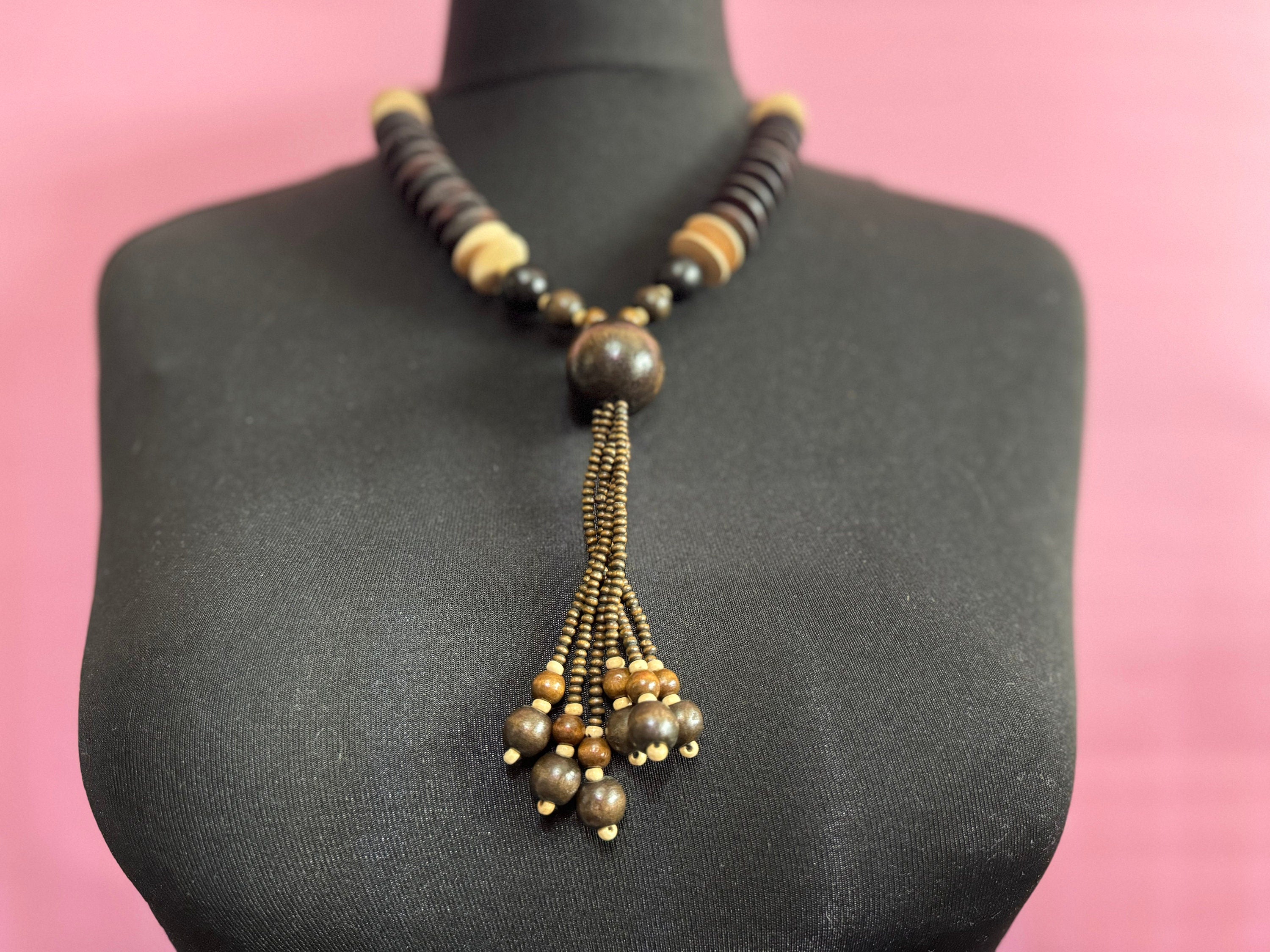 chunky vintage dark reddish brown wooden natural nut round beaded layering tassel necklace boho festival jewellery