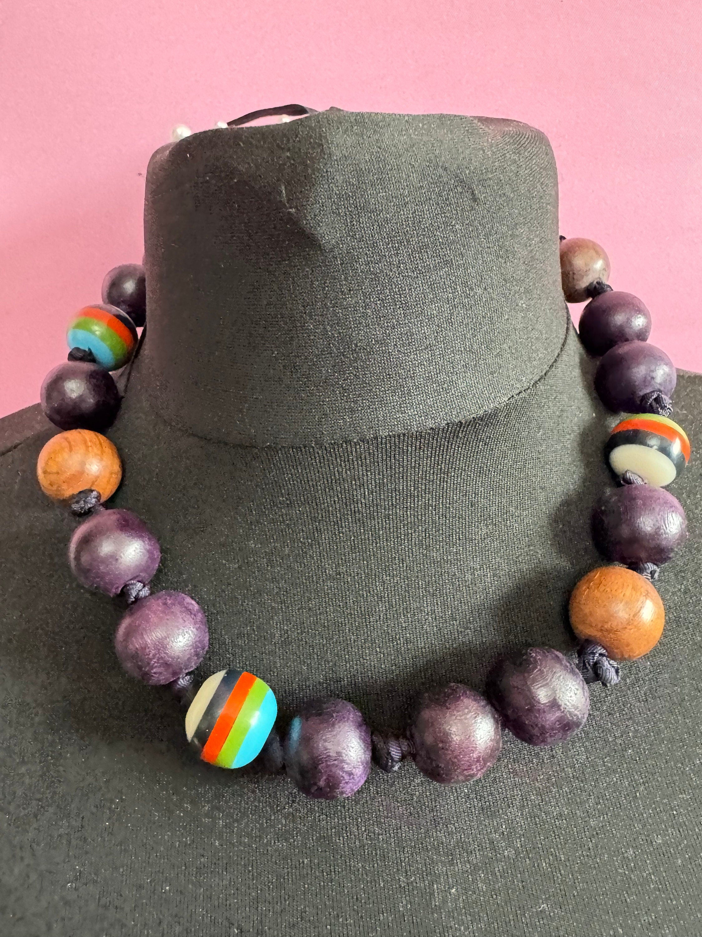 Chunky Vintage Wooden Beaded Necklace: Boho Ribbon Tie Jewellery