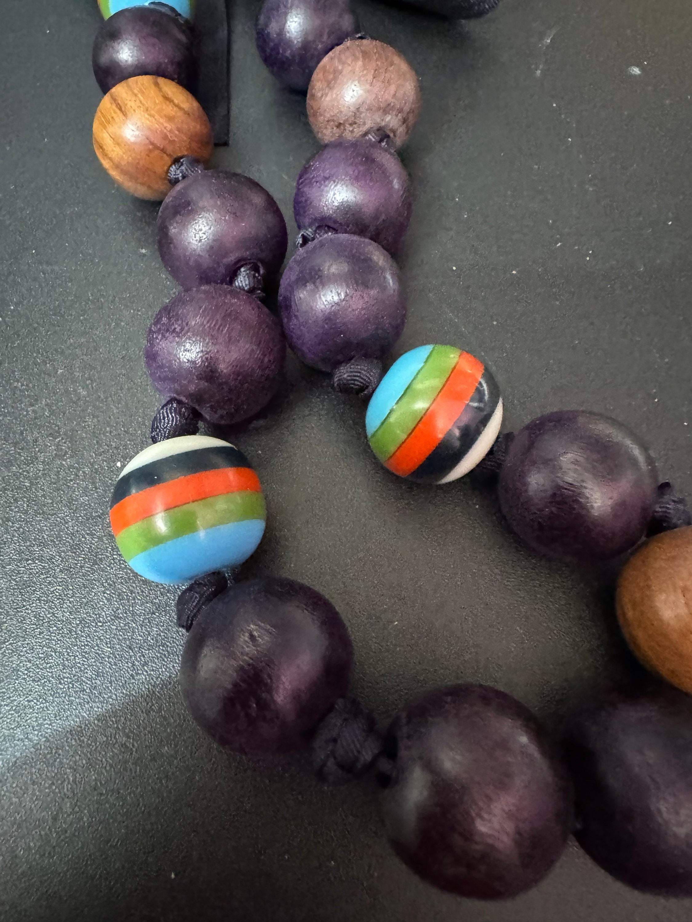 Chunky Vintage Wooden Beaded Necklace: Boho Ribbon Tie Jewellery