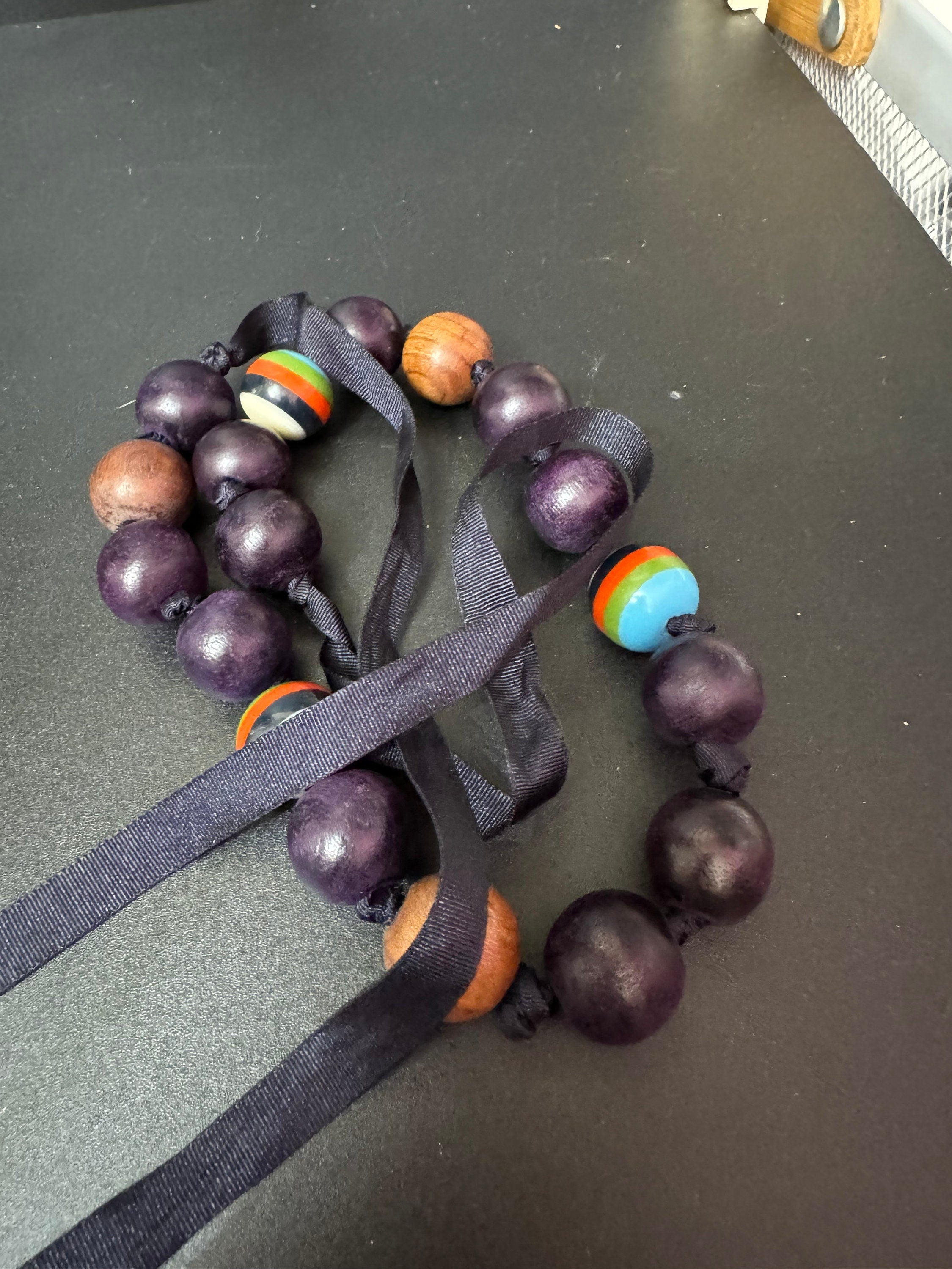 Chunky Vintage Wooden Beaded Necklace: Boho Ribbon Tie Jewellery