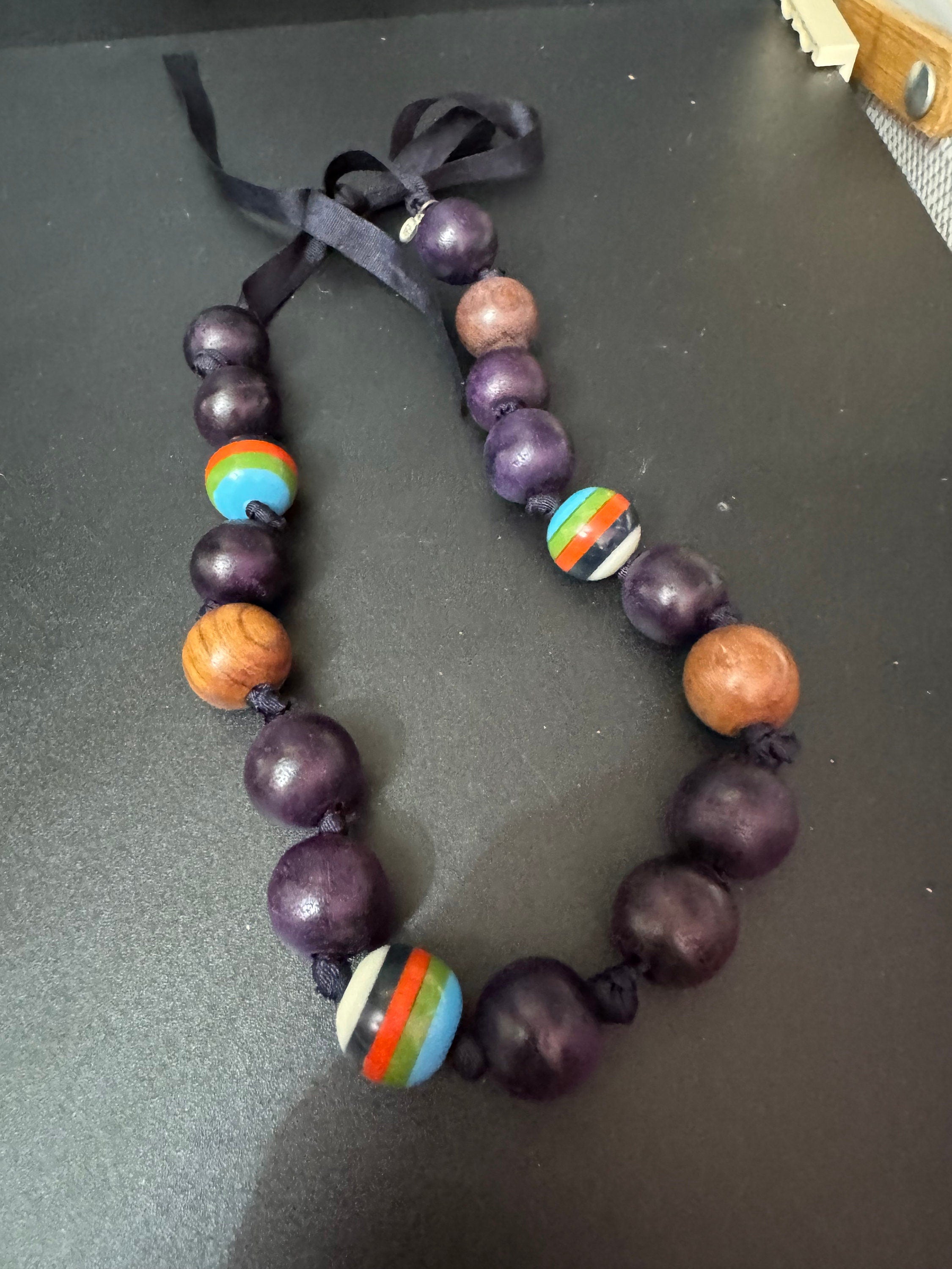 Chunky Vintage Wooden Beaded Necklace: Boho Ribbon Tie Jewellery