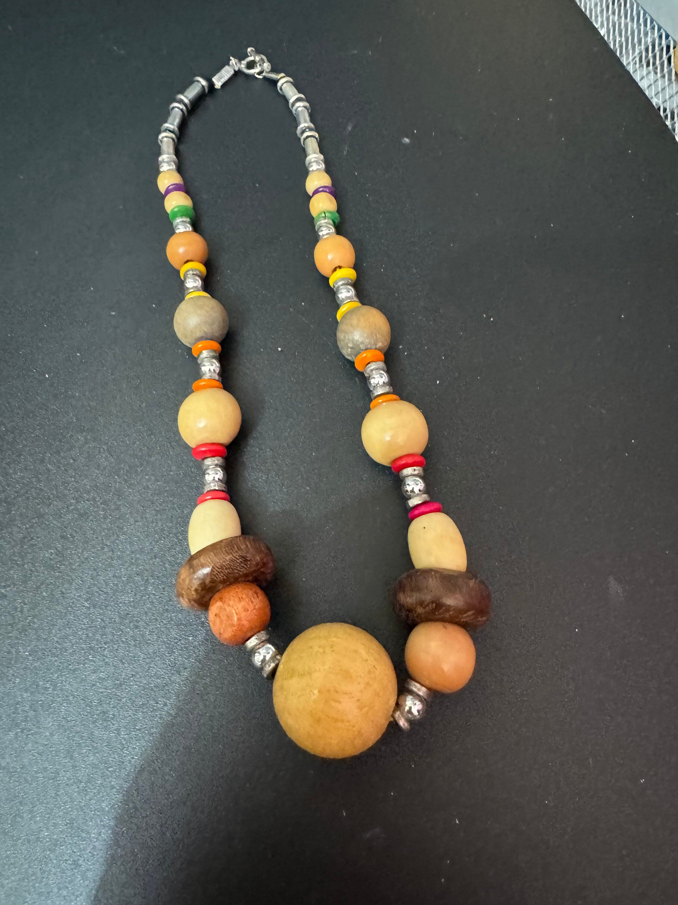 vintage light and dark brown wooden natural nut round beaded layering necklace boho festival jewellery silver beads