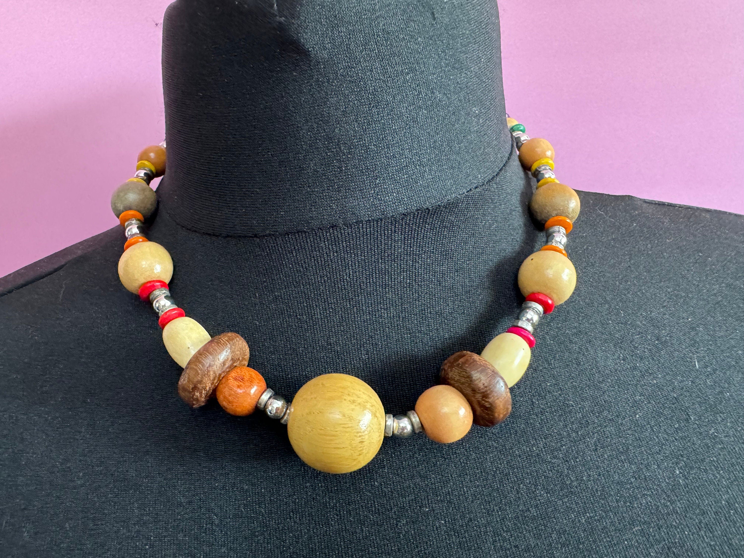 vintage light and dark brown wooden natural nut round beaded layering necklace boho festival jewellery silver beads