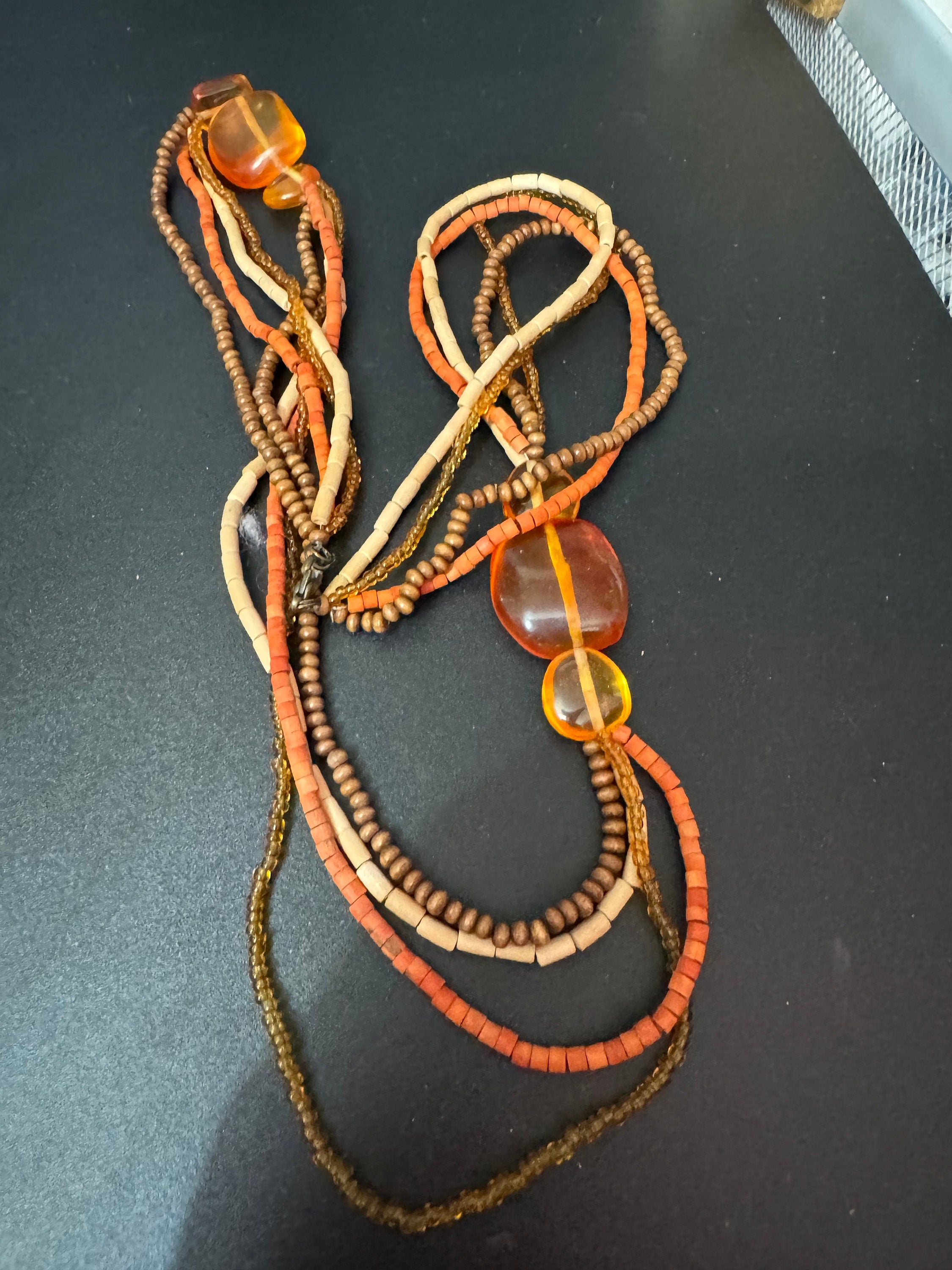 vintage orange and brown wooden glass natural nut beaded Multi-strand collar necklace boho festival jewellery