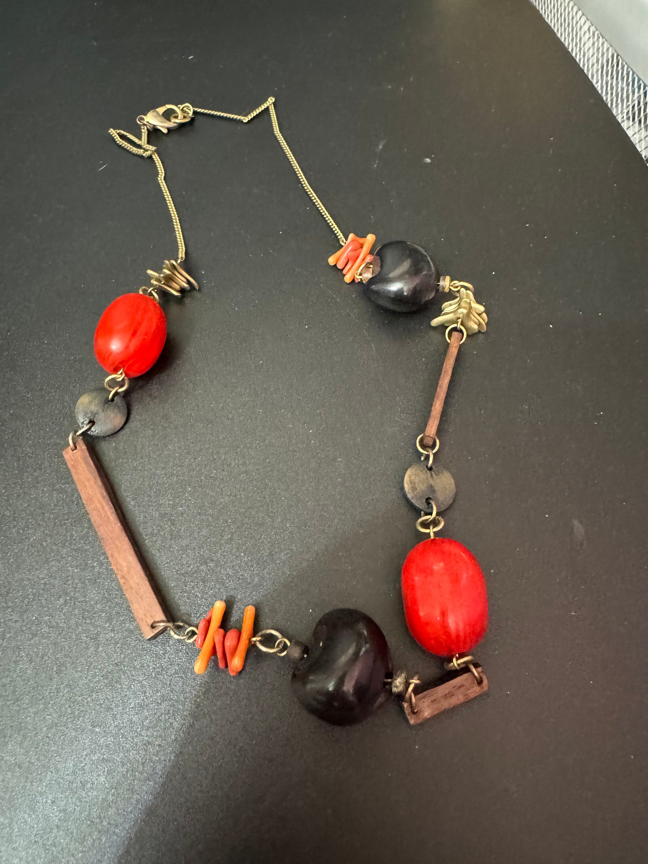 vintage black red and brown wooden natural nut round beaded layering necklace boho festival jewellery