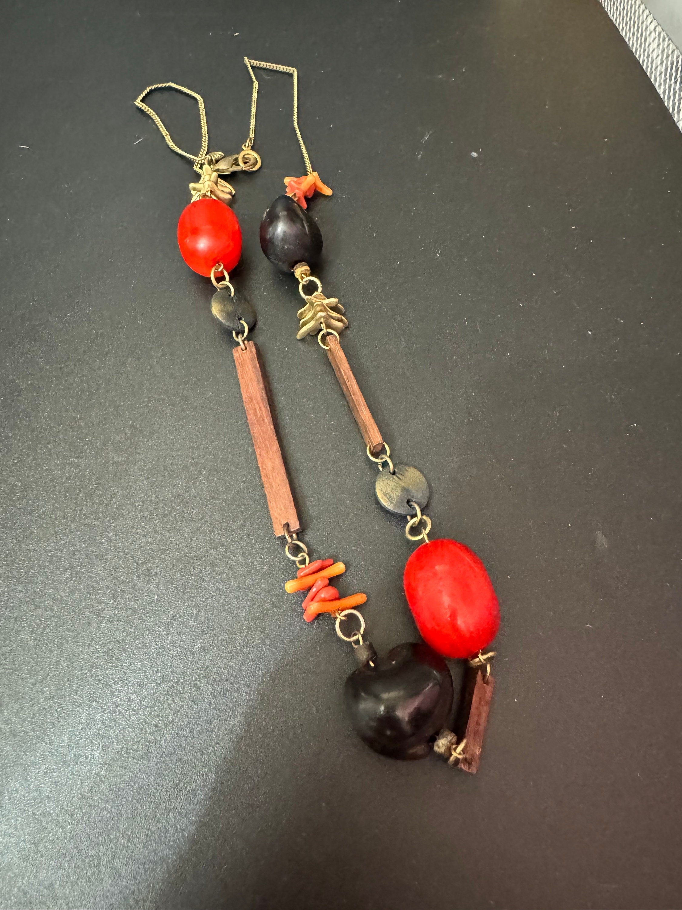vintage black red and brown wooden natural nut round beaded layering necklace boho festival jewellery