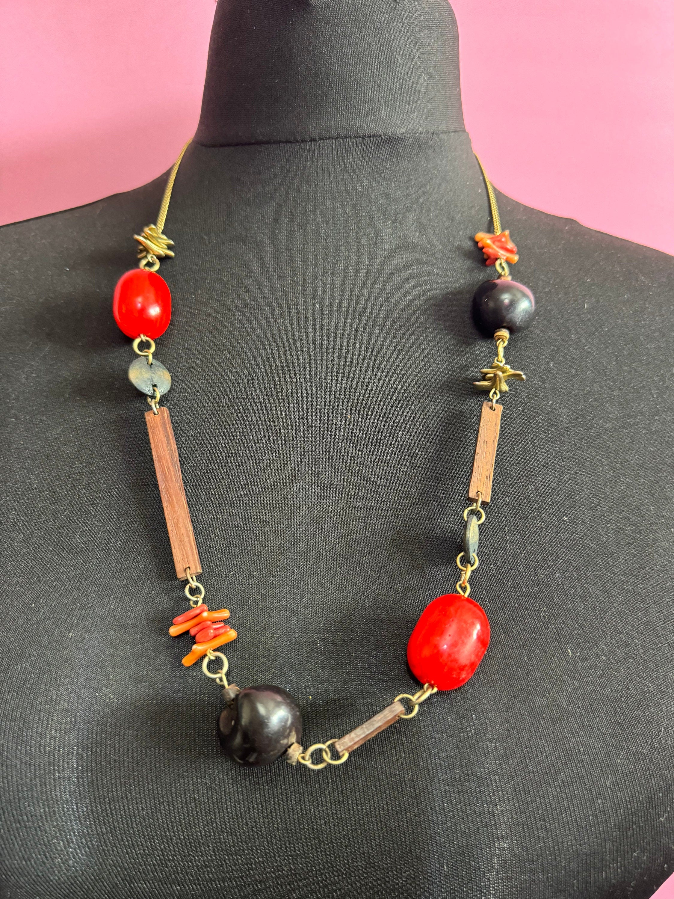 vintage black red and brown wooden natural nut round beaded layering necklace boho festival jewellery