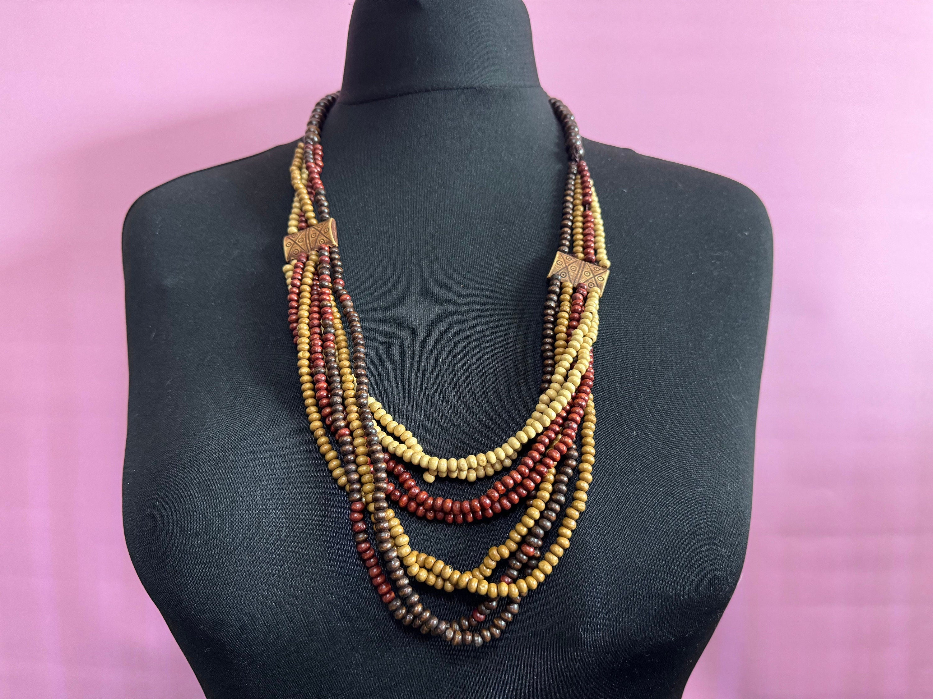 vintage beige and brown wooden natural nut round beaded layering necklace boho festival jewellery