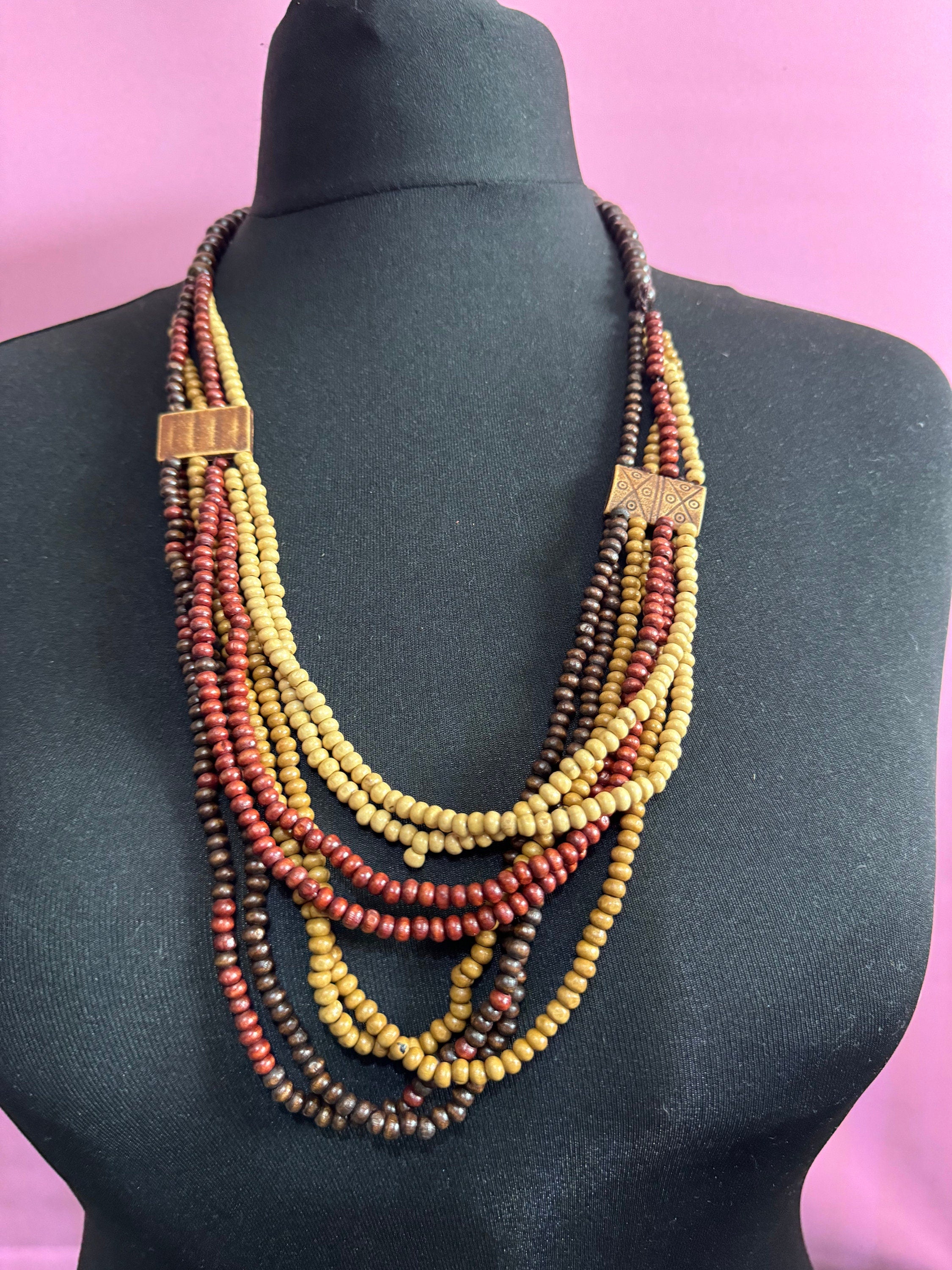 vintage beige and brown wooden natural nut round beaded layering necklace boho festival jewellery