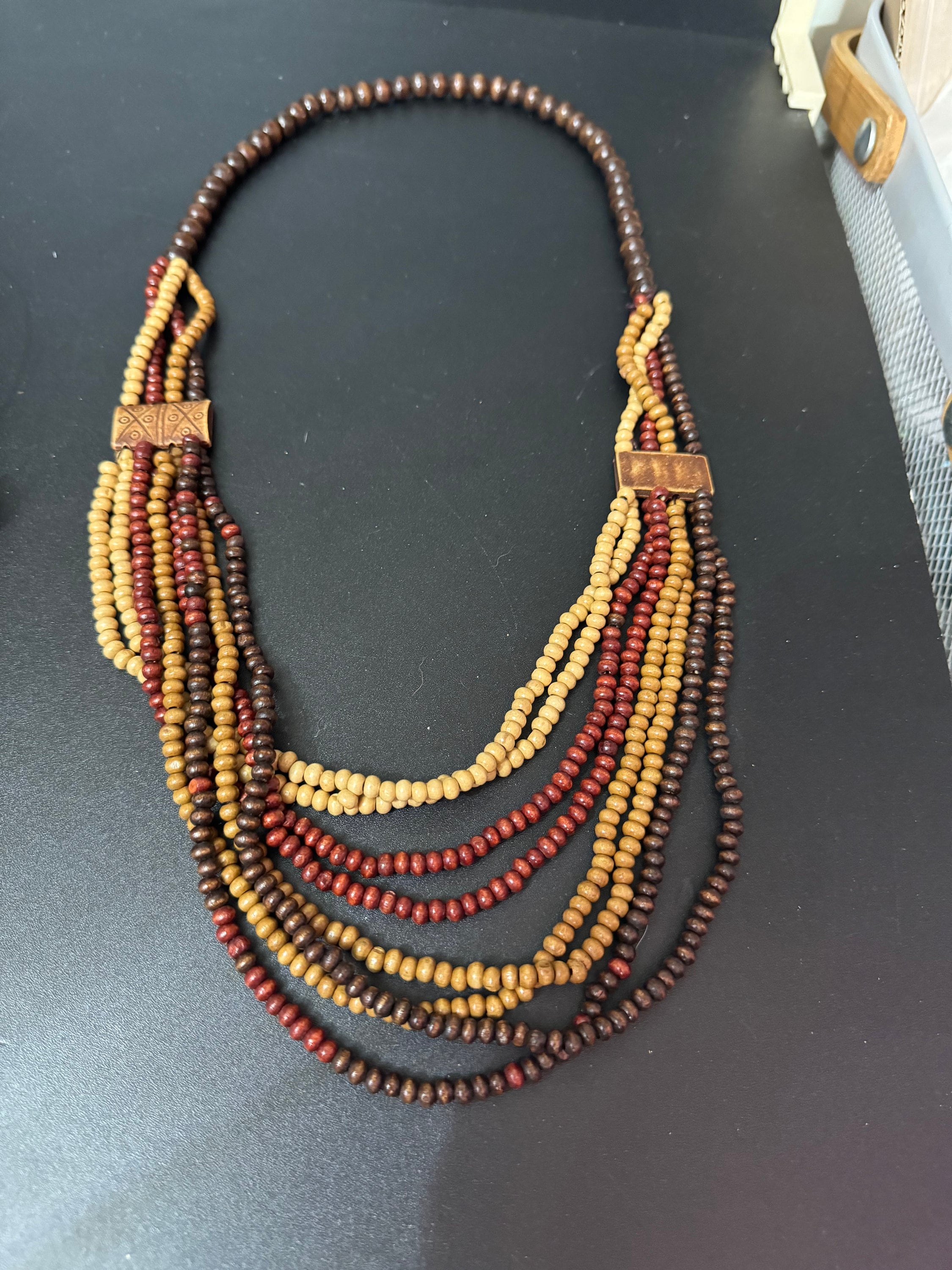 vintage beige and brown wooden natural nut round beaded layering necklace boho festival jewellery