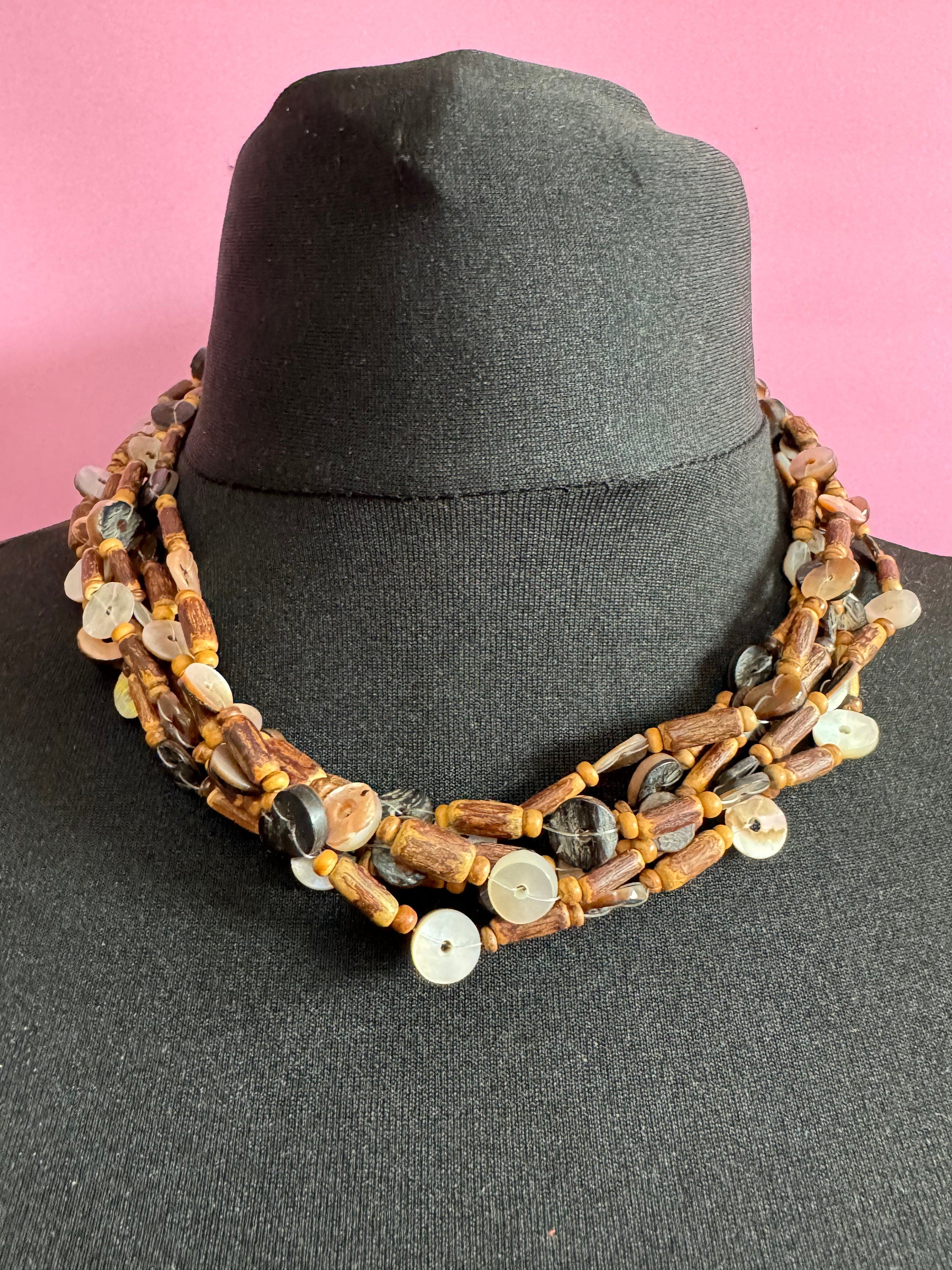 Vintage Boho Multi-Strand Necklace: Natural Shell, Wood & Nut Beads