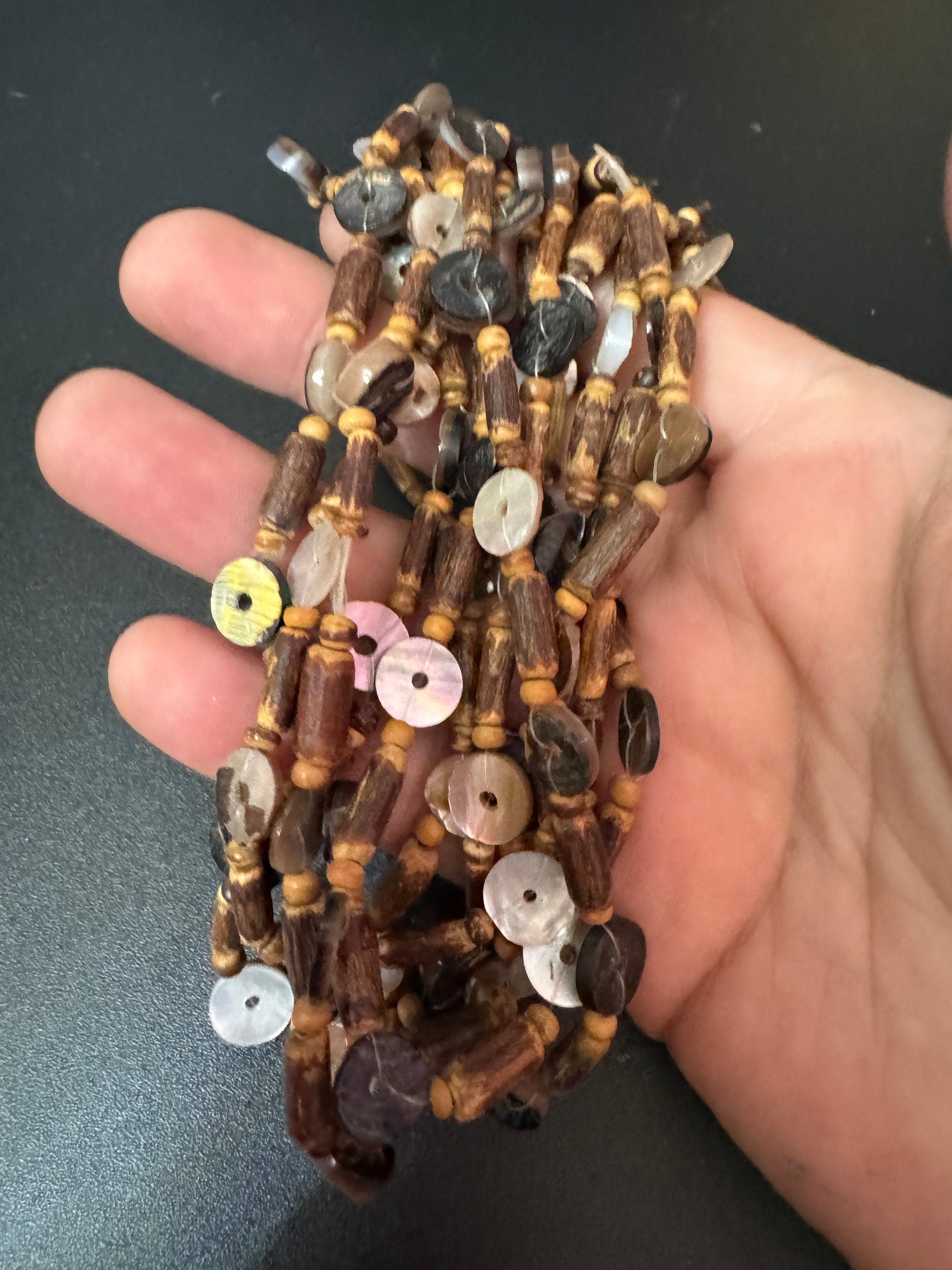 Vintage Boho Multi-Strand Necklace: Natural Shell, Wood & Nut Beads