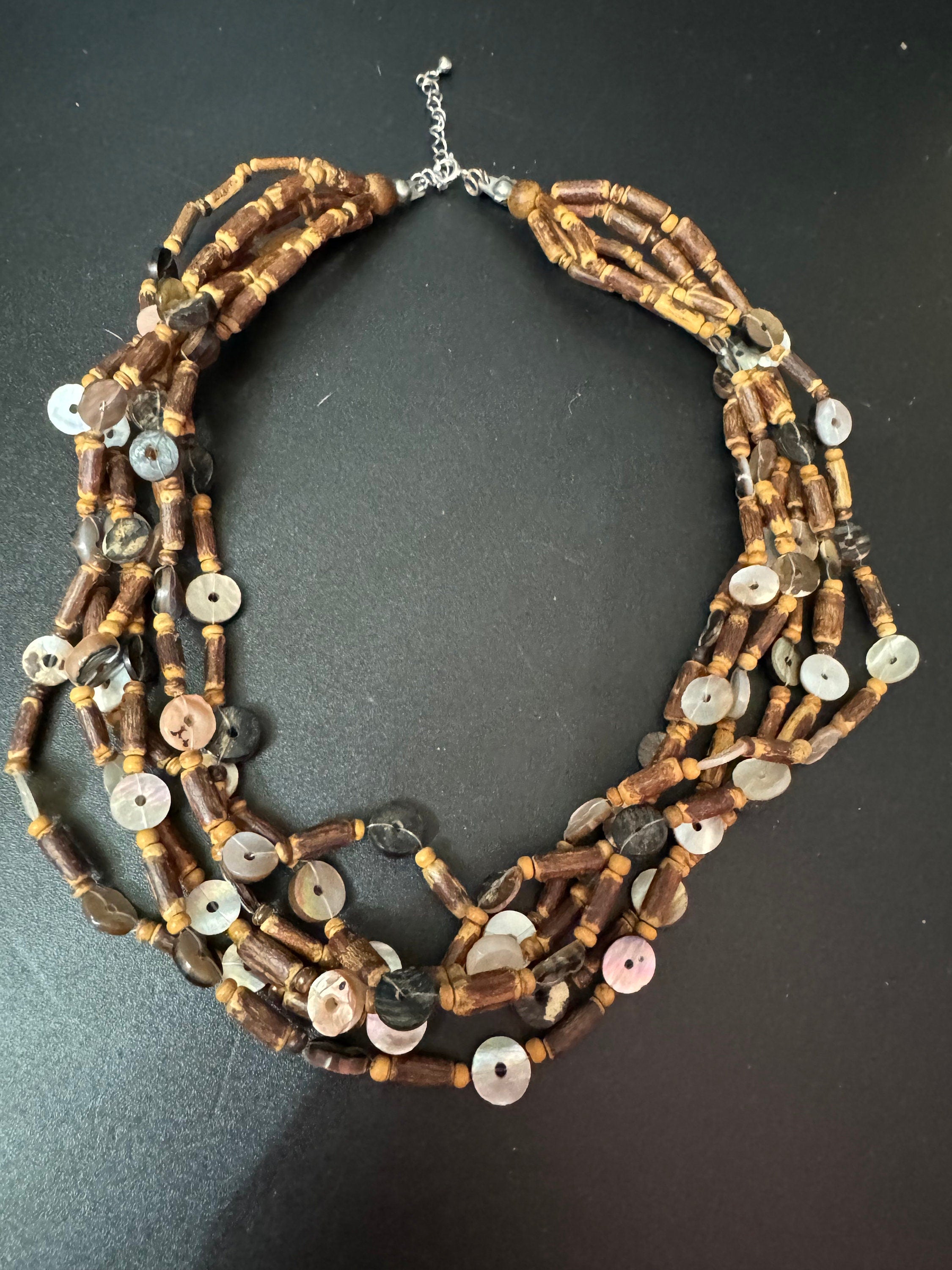 Vintage Boho Multi-Strand Necklace: Natural Shell, Wood & Nut Beads