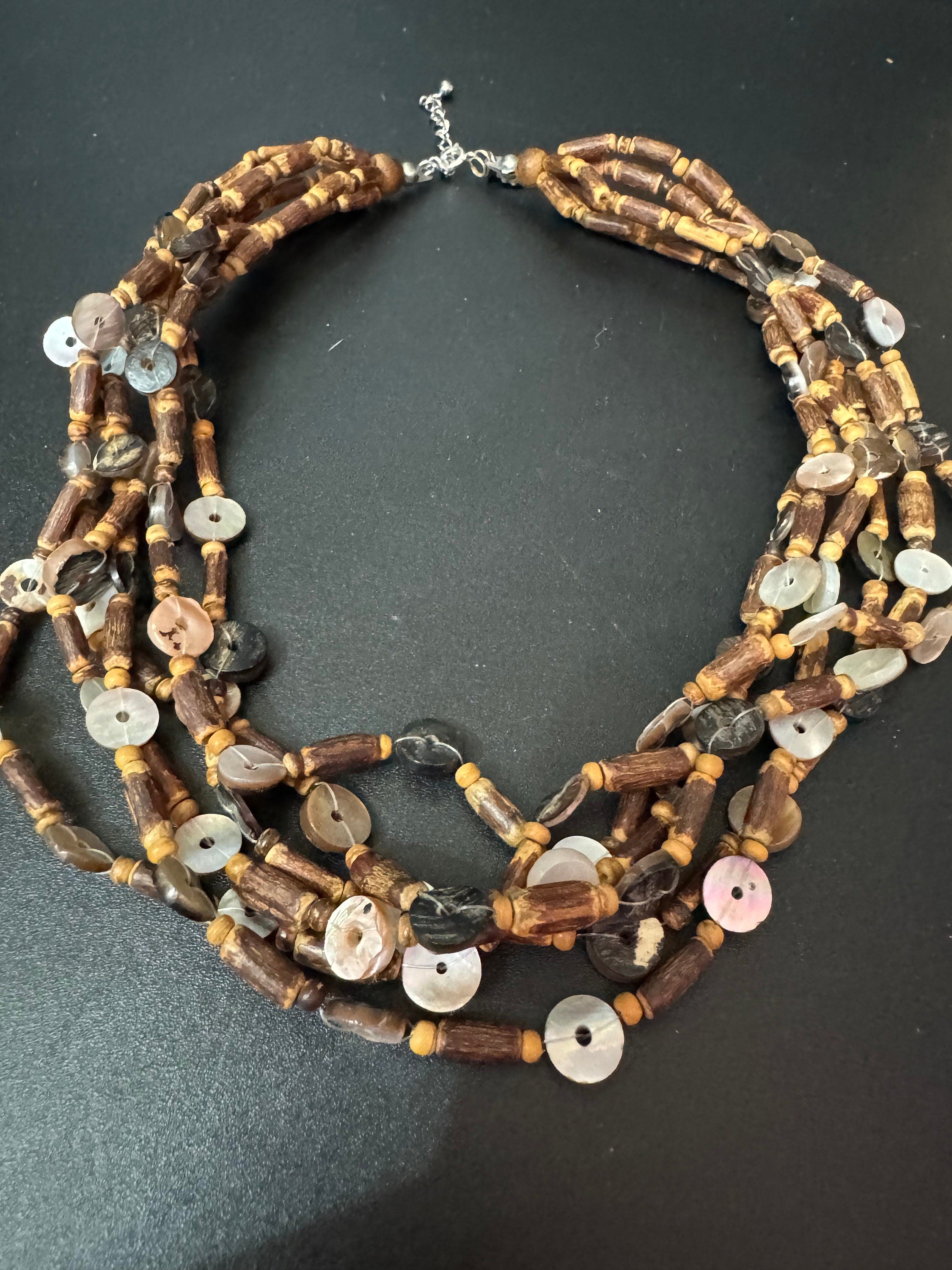Vintage Boho Multi-Strand Necklace: Natural Shell, Wood & Nut Beads