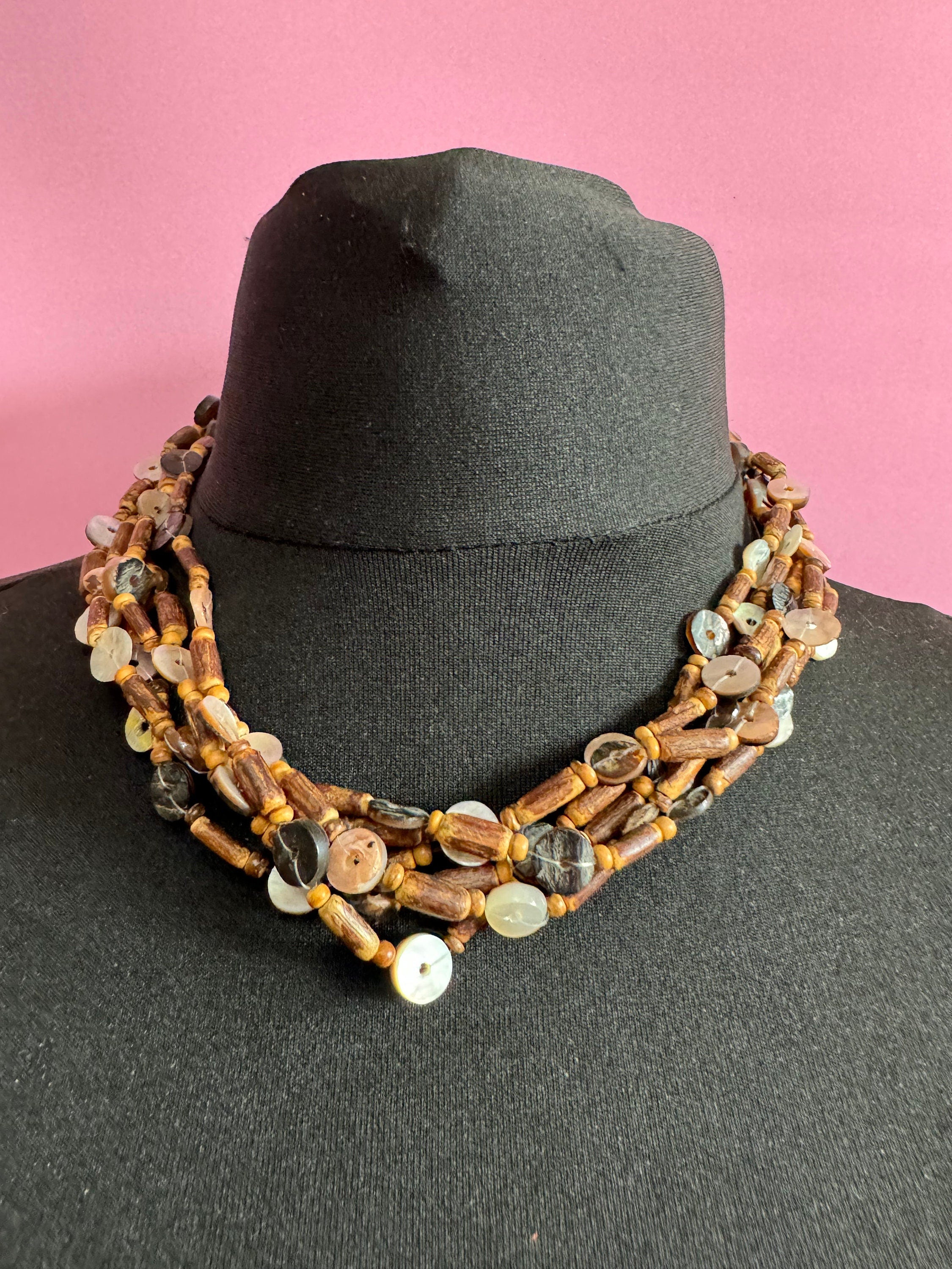 Vintage Boho Multi-Strand Necklace: Natural Shell, Wood & Nut Beads