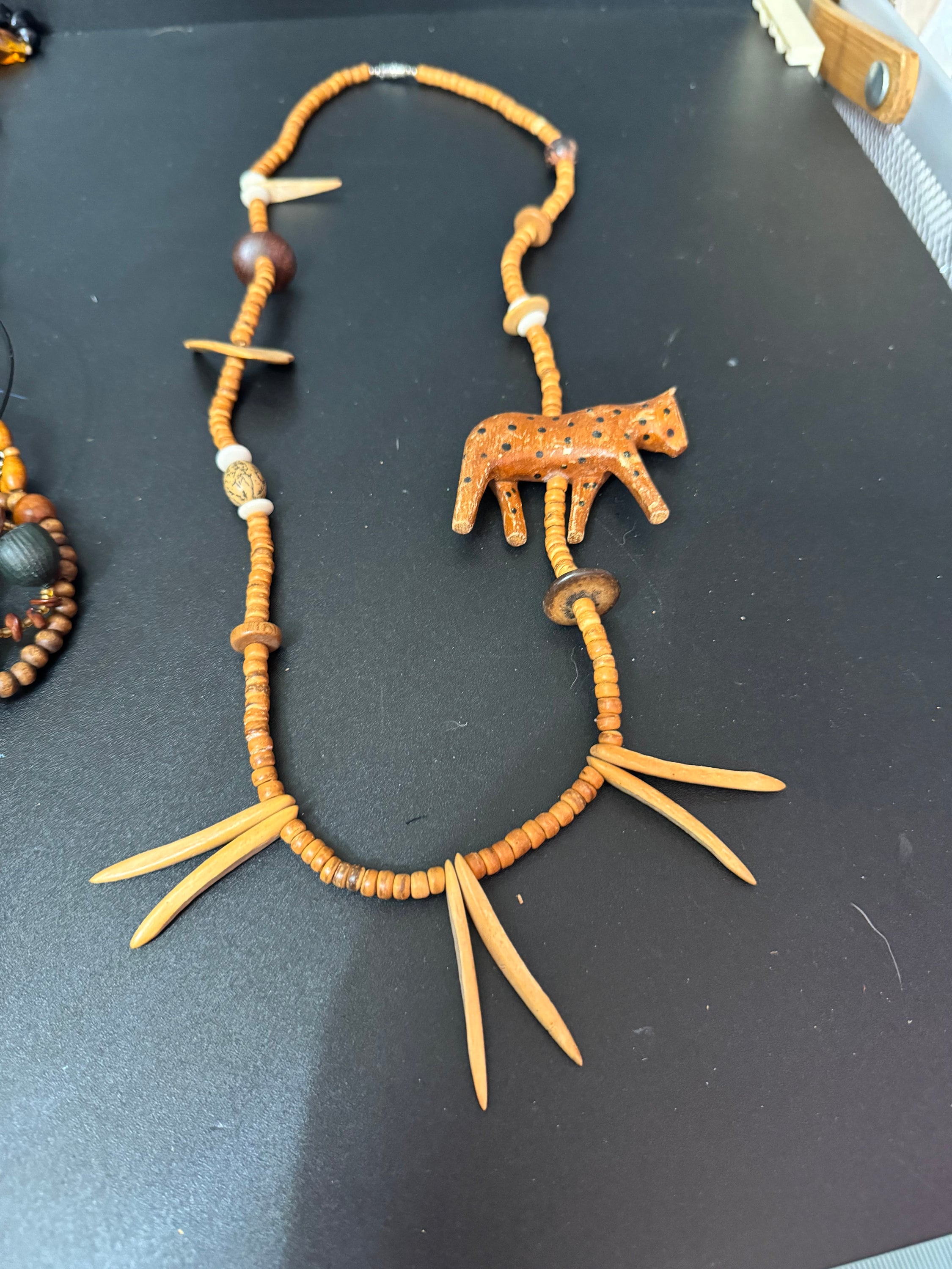 Vintage Carved Wood Leopard Necklace: Boho Festival Jewellery