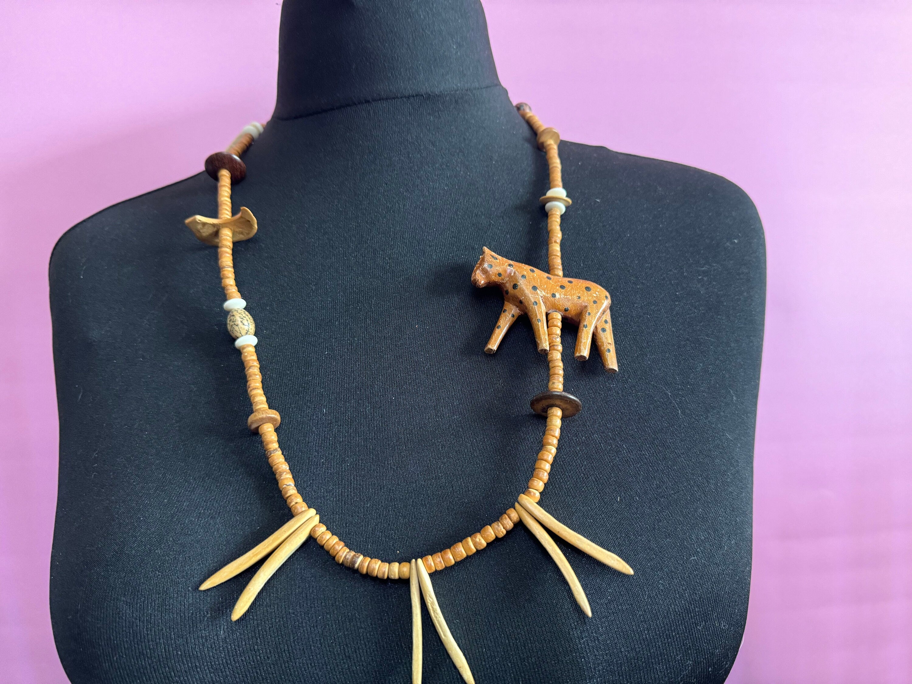 Vintage Carved Wood Leopard Necklace: Boho Festival Jewellery
