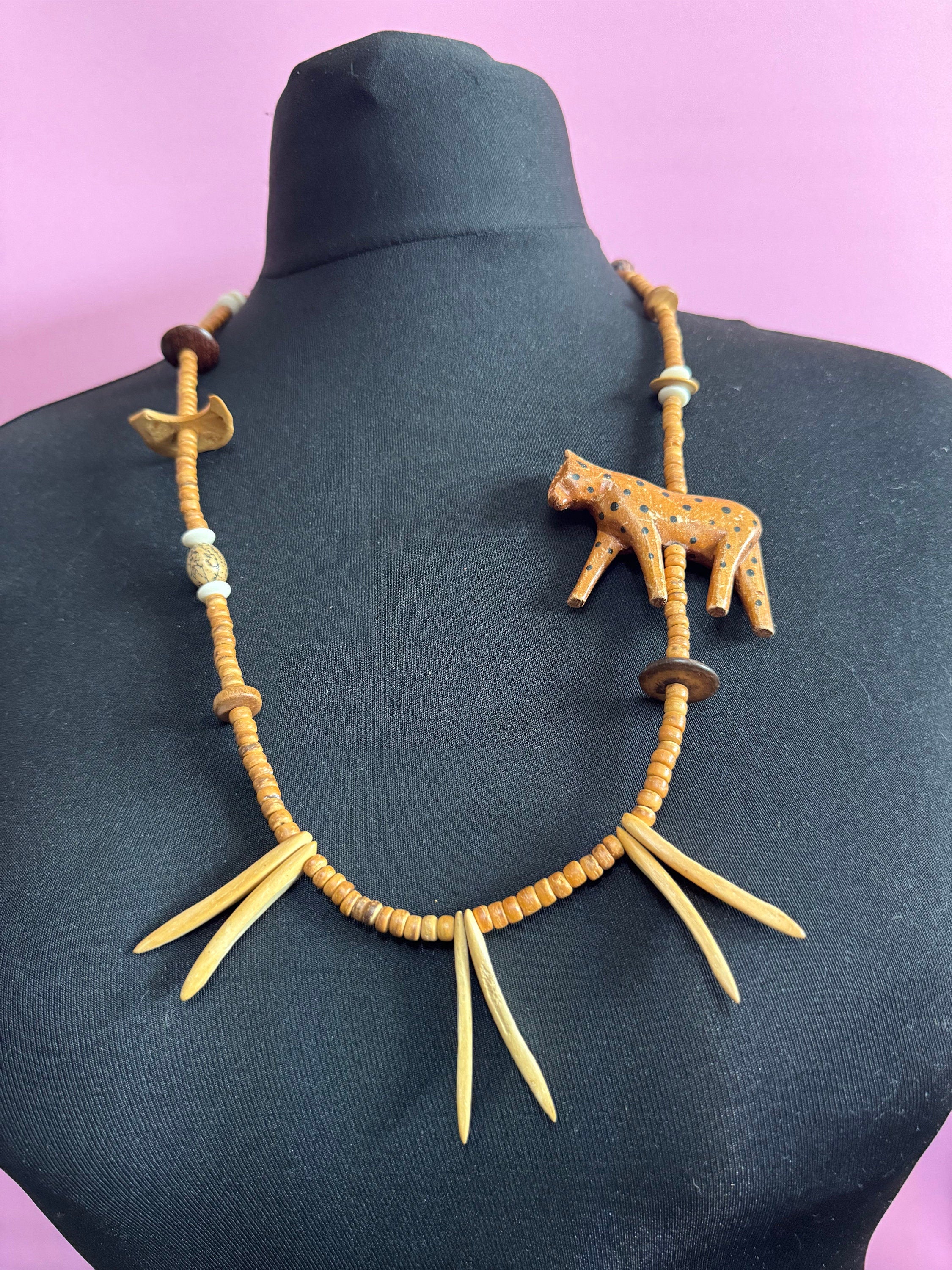 Vintage Carved Wood Leopard Necklace: Boho Festival Jewellery