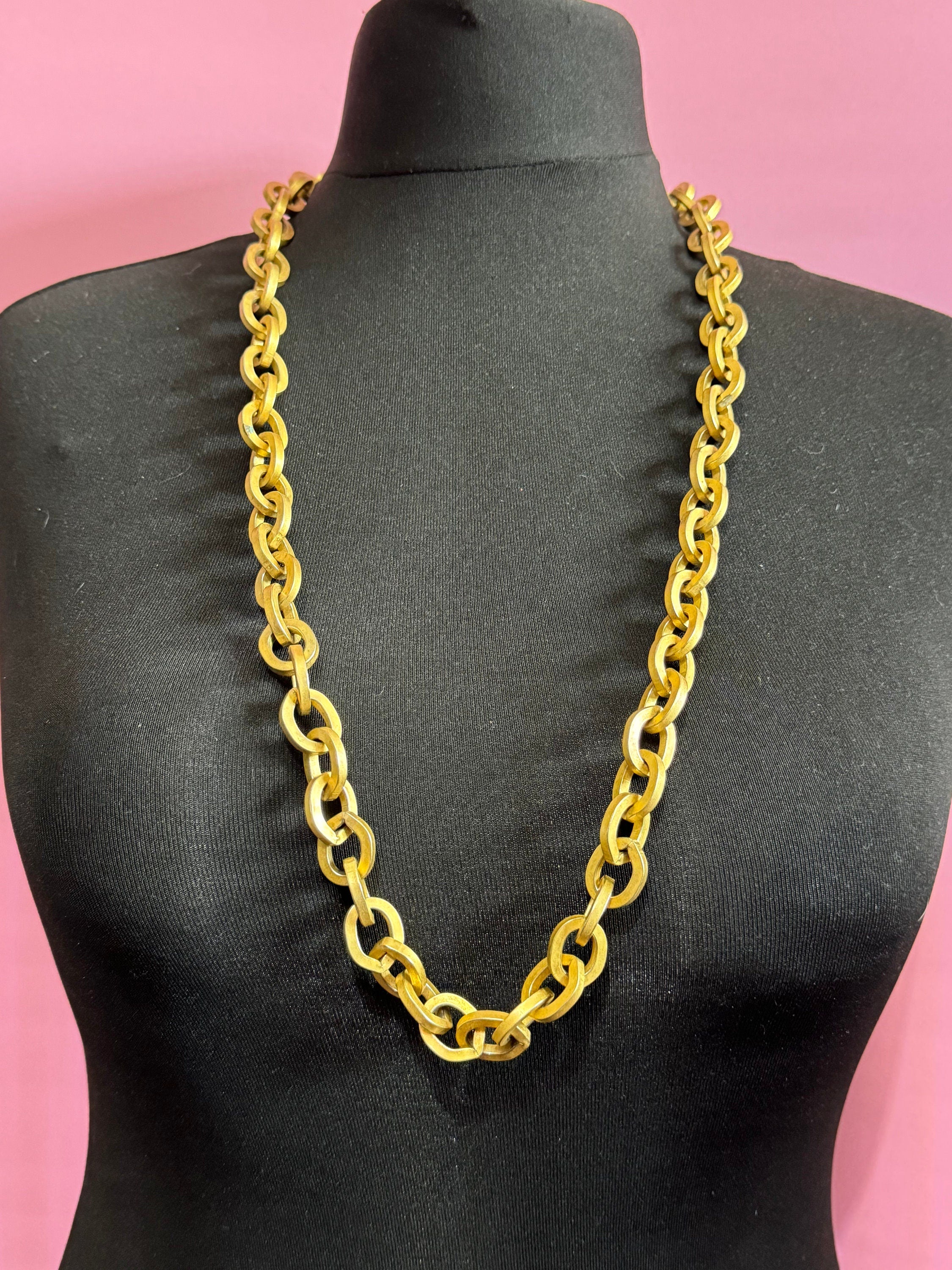 Vintage heavy chunky wide Matt gold cable chain link long necklace 90cm