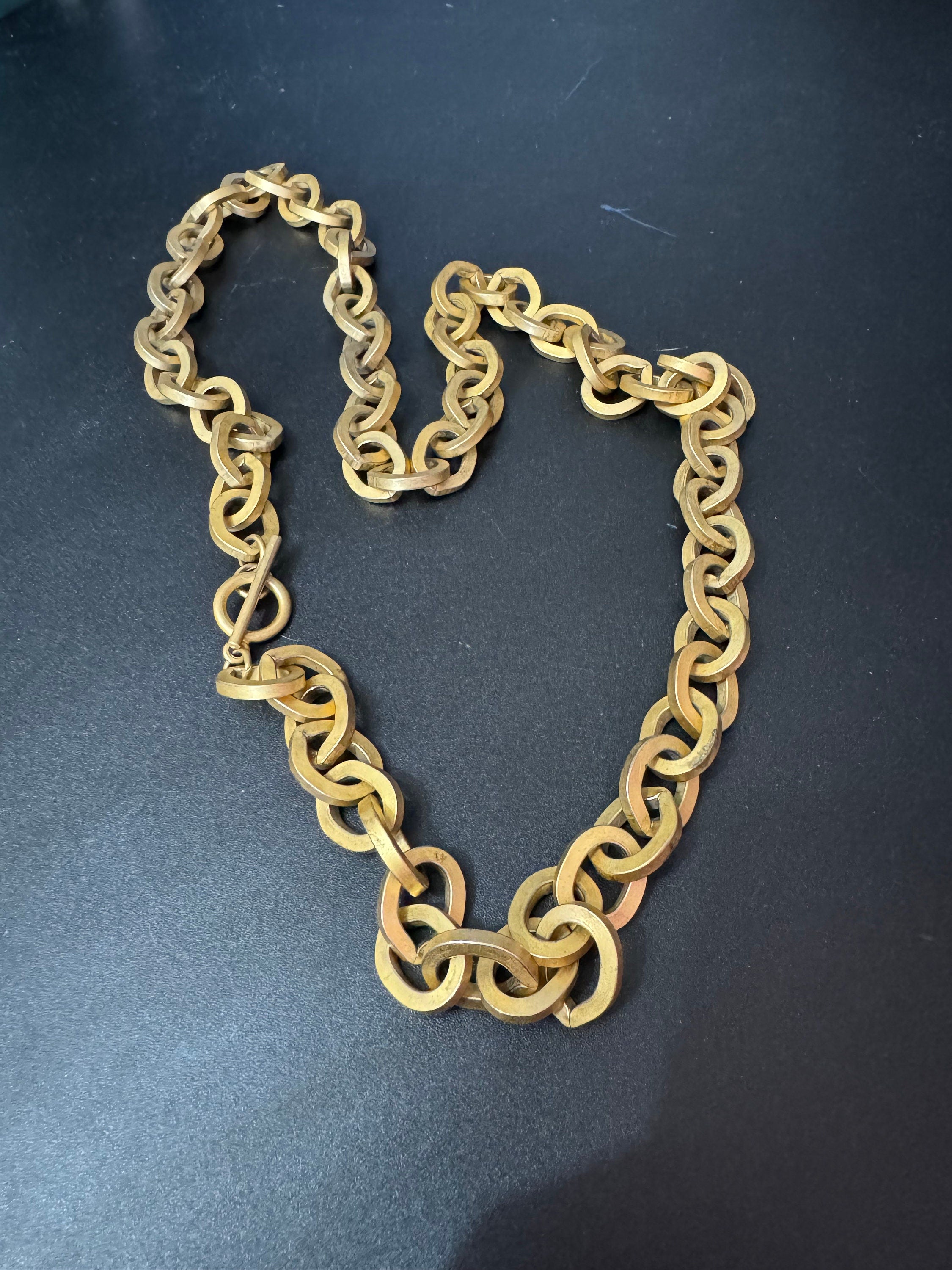 Vintage heavy chunky wide Matt gold cable chain link long necklace 90cm