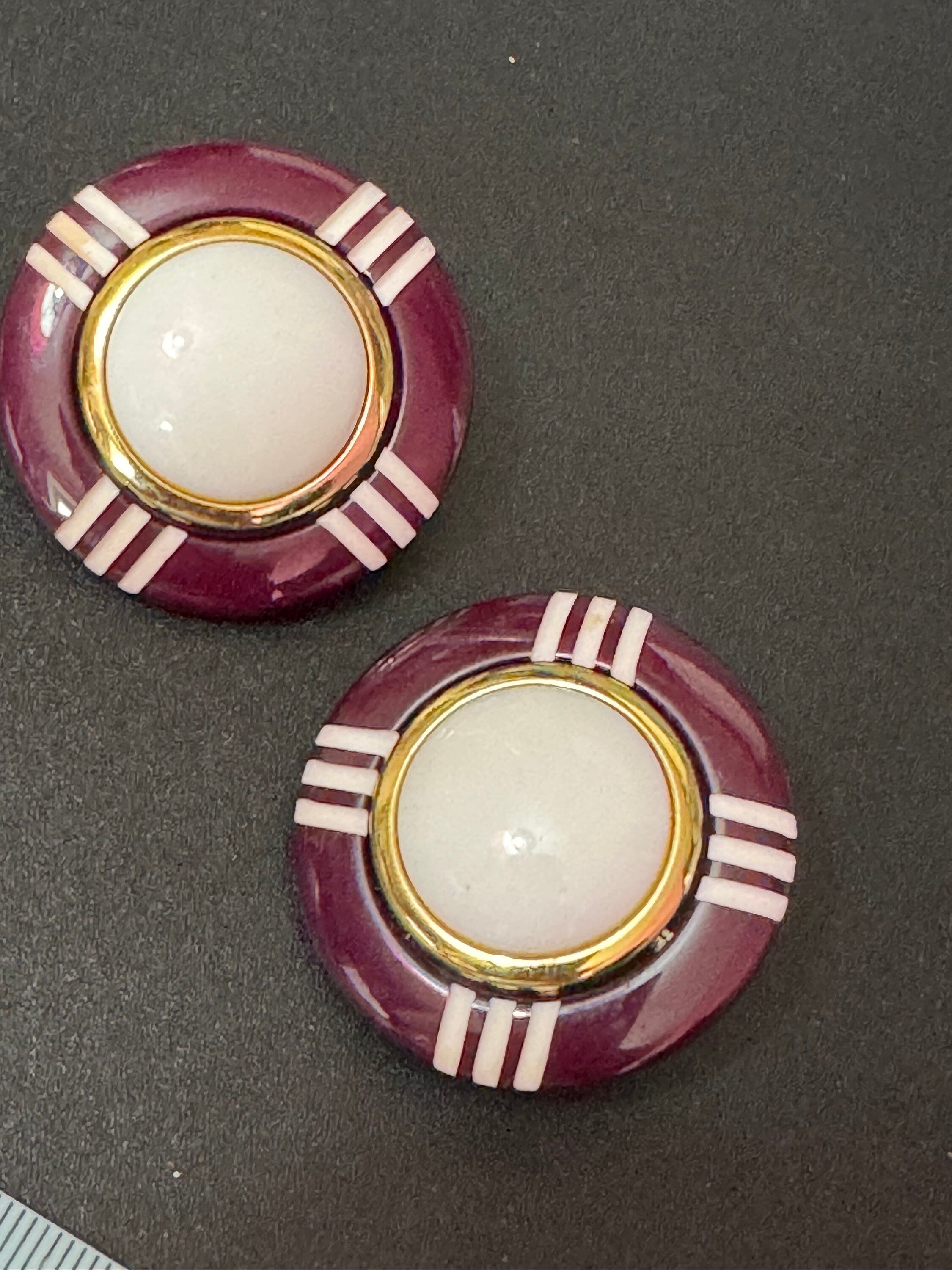 Vintage Maroon Button Clip On Earrings: Gold Tone, 4cm