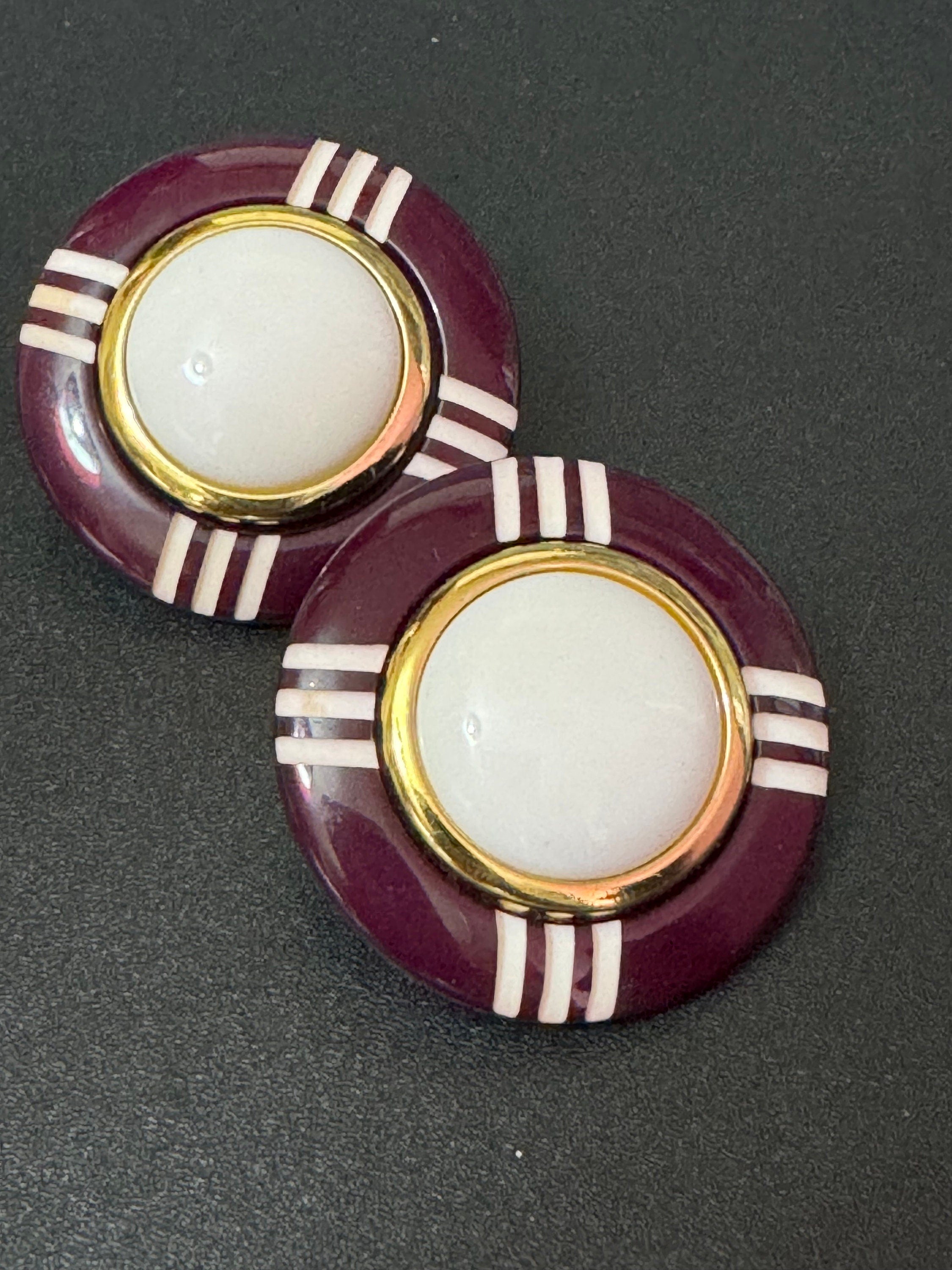 Vintage Maroon Button Clip On Earrings: Gold Tone, 4cm