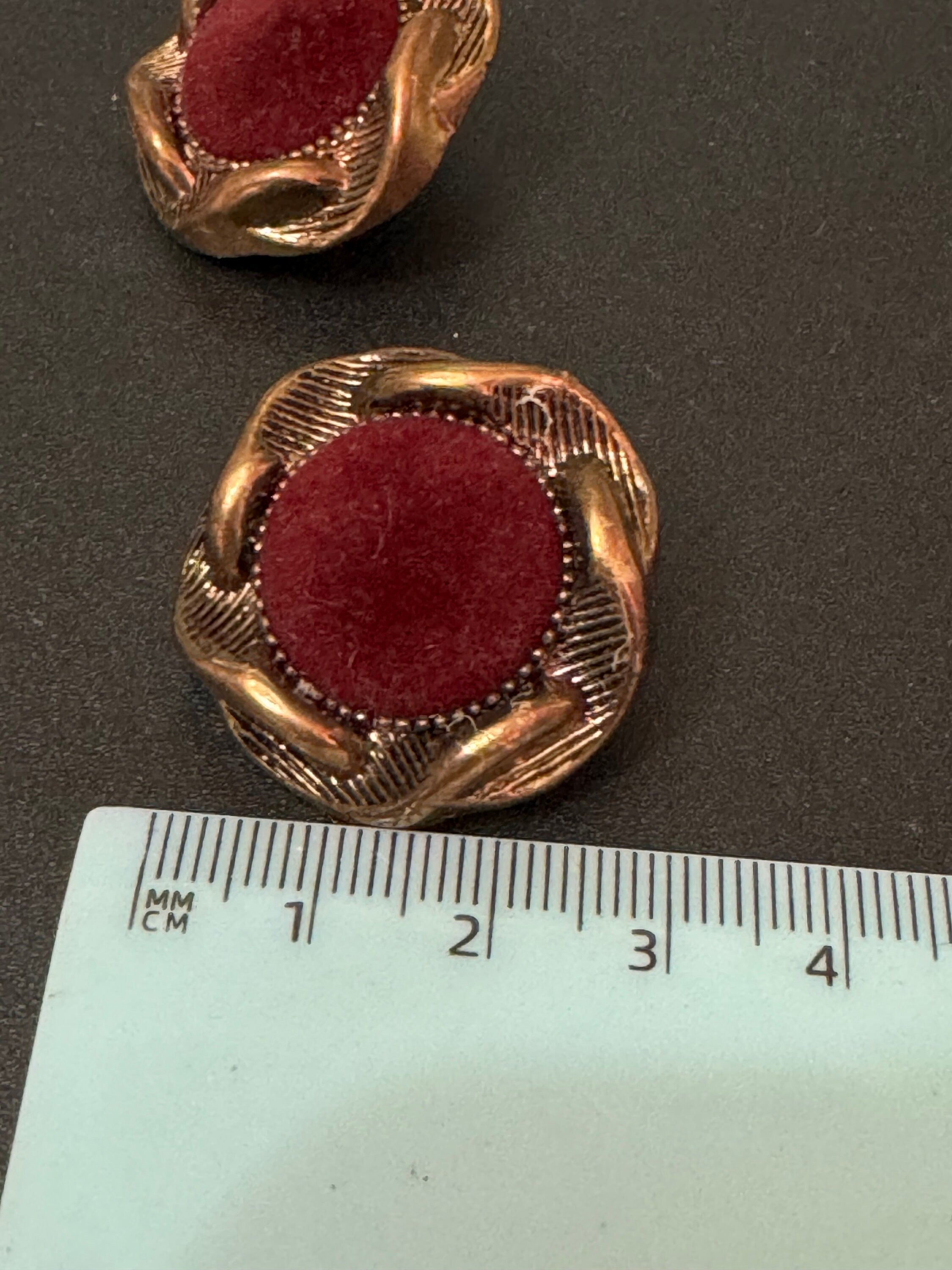 Oversized vintage dark red maroon velvet low domed plastic button Clip On Earrings copper tone lightweight 2.5cm