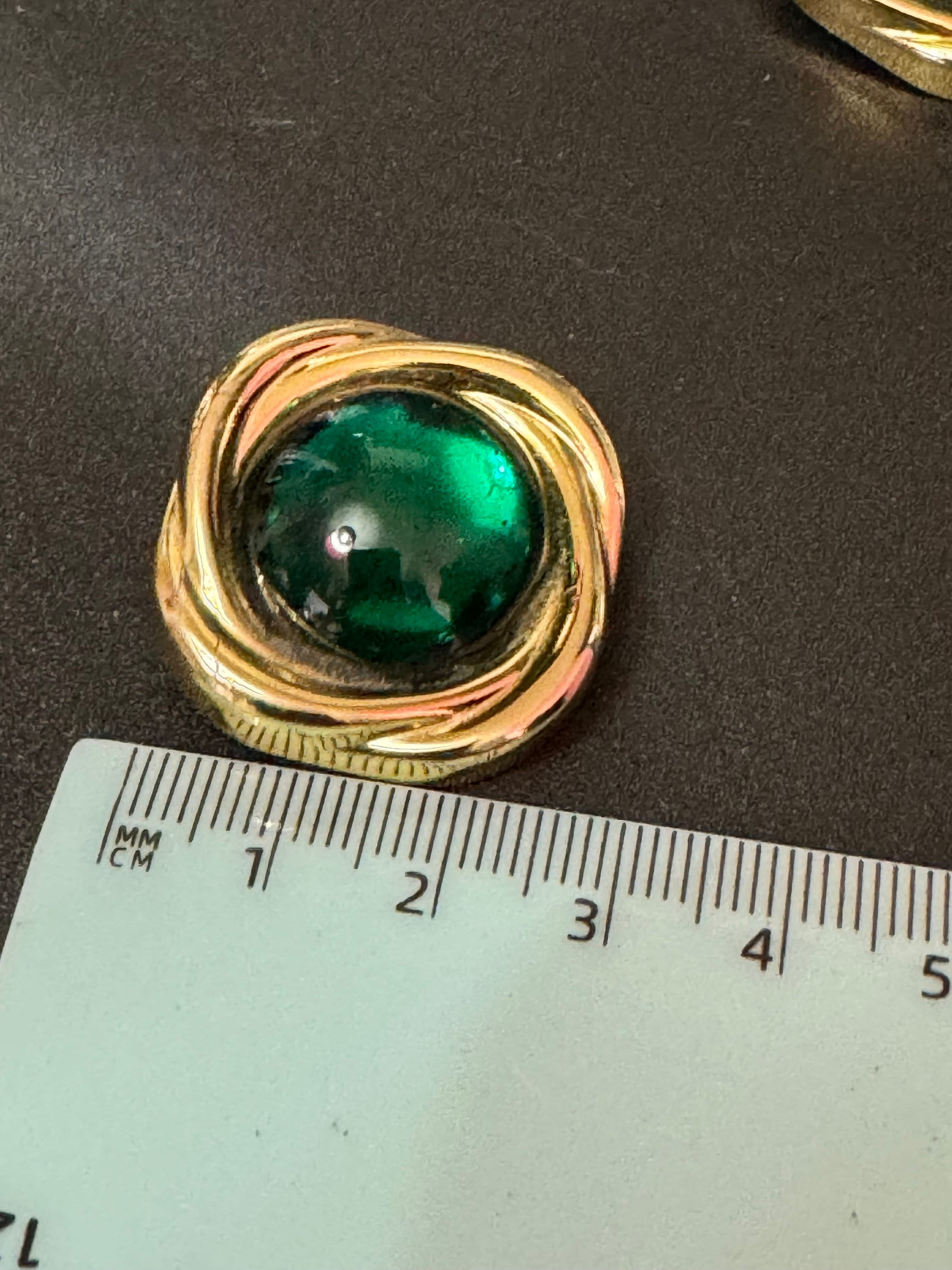 Vintage oversized squared gold tone bright green cabochon large button clip on earrings lightweight plastic 2.5cm Etruscan