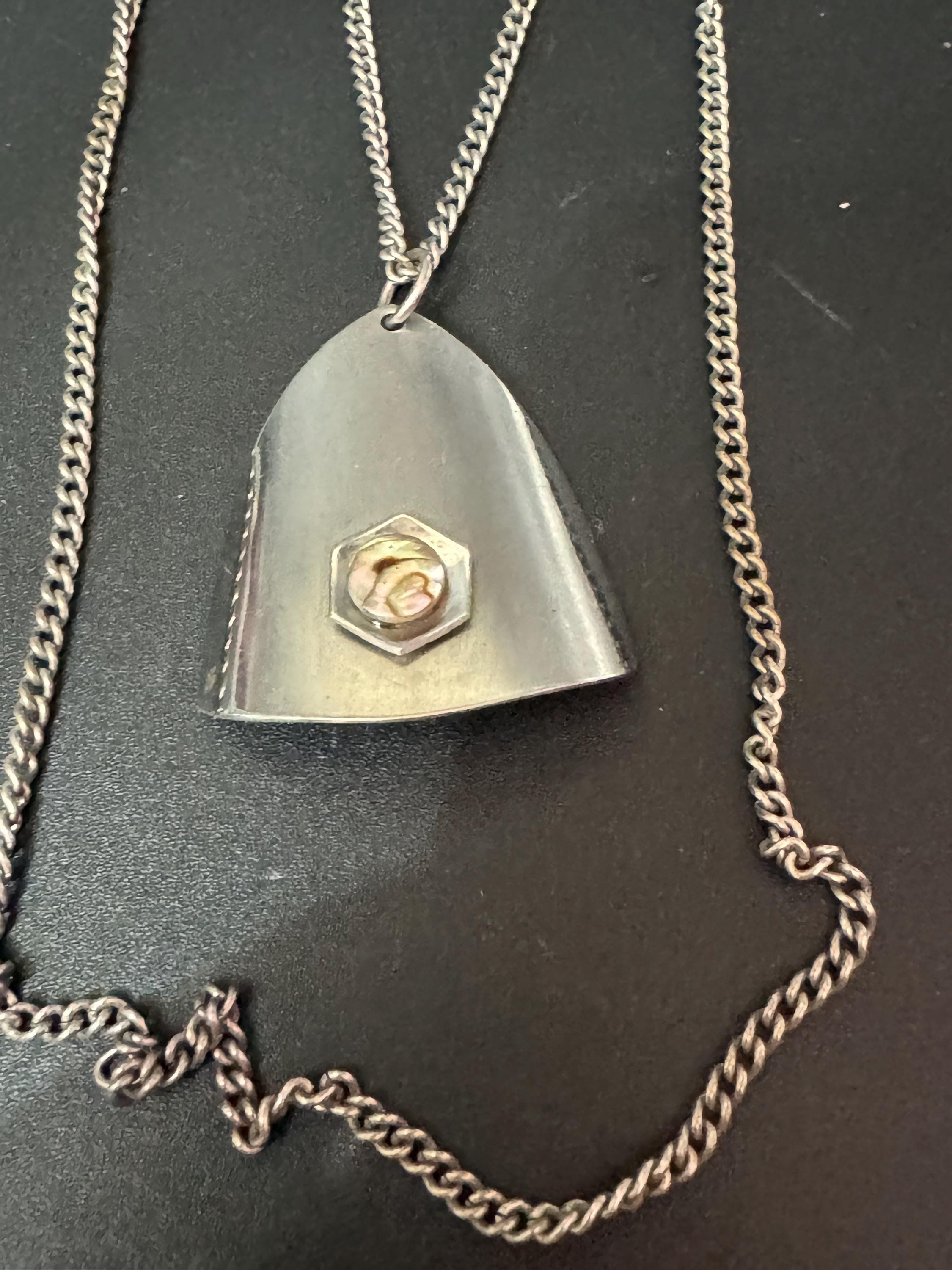 Vintage Modernist Stainless Steel Pendant Necklace: MOP Abalone Shell, 1960s Style