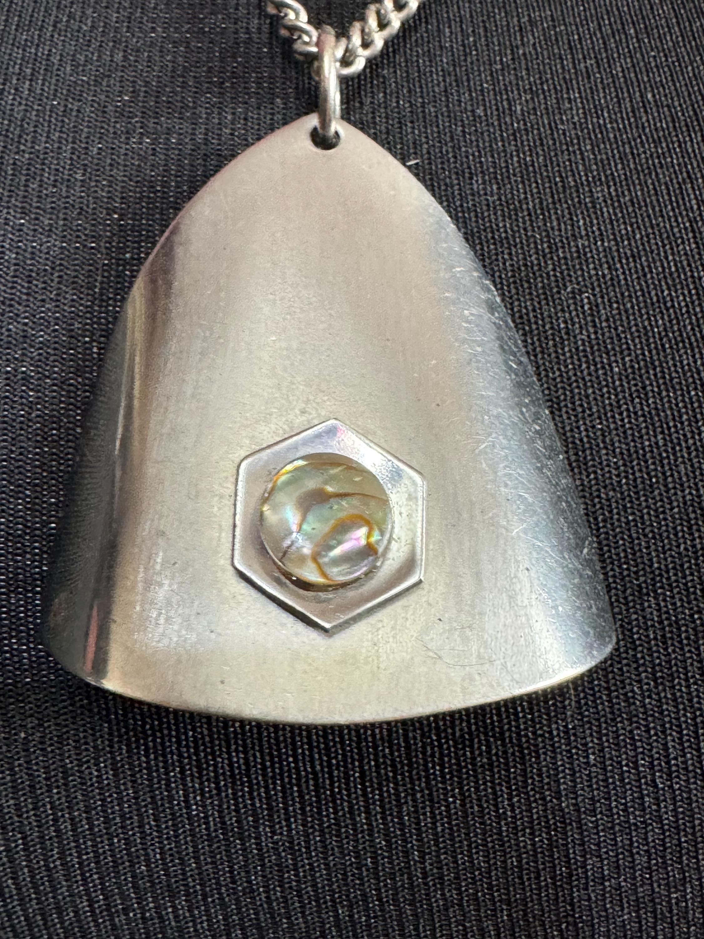 Vintage Modernist Stainless Steel Pendant Necklace: MOP Abalone Shell, 1960s Style