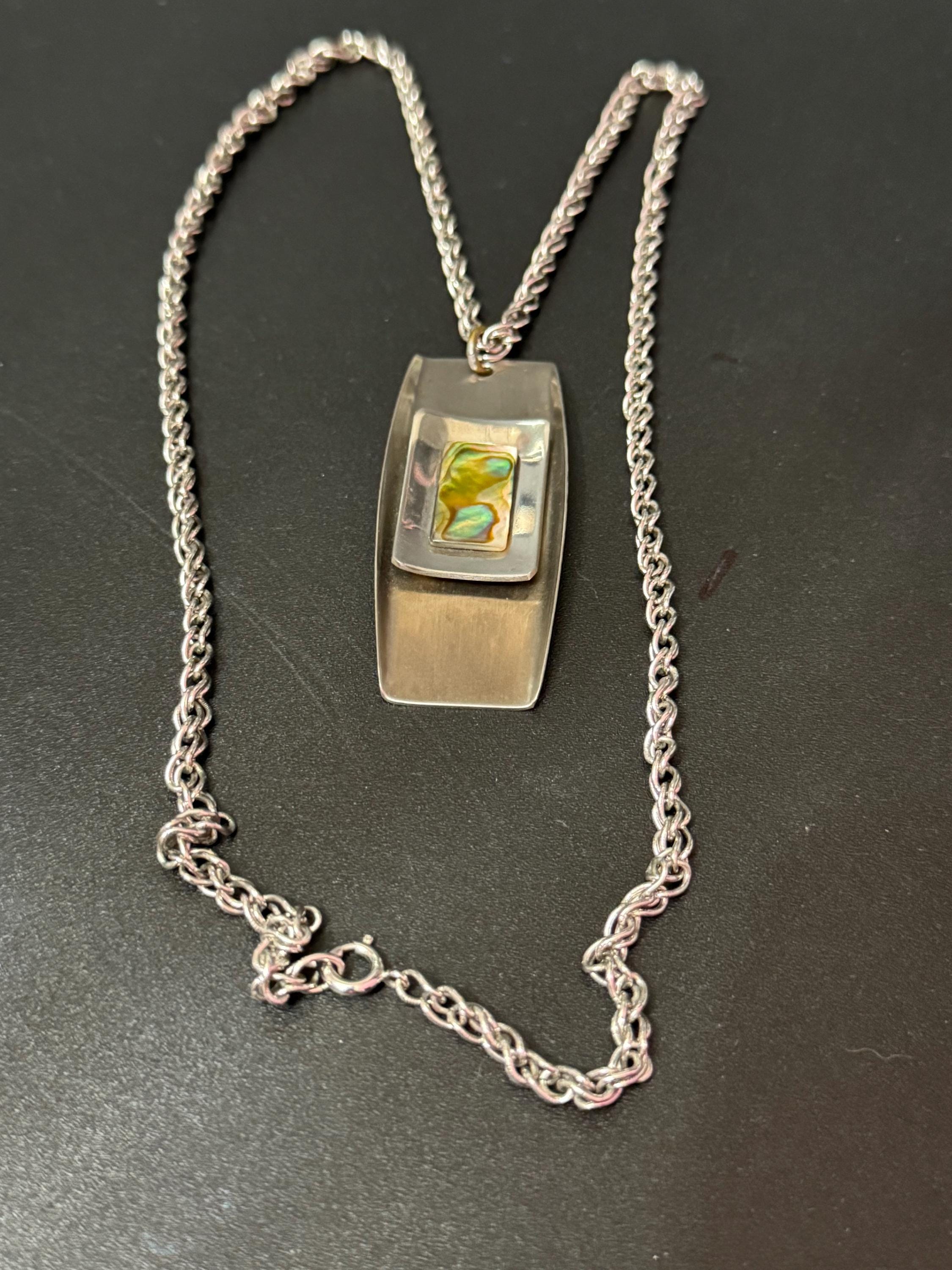 Vintage Modernist silver tone stainless Steel pendant necklace 60cm central MOP pearl abalone shell Mid Century 1960s 1970s