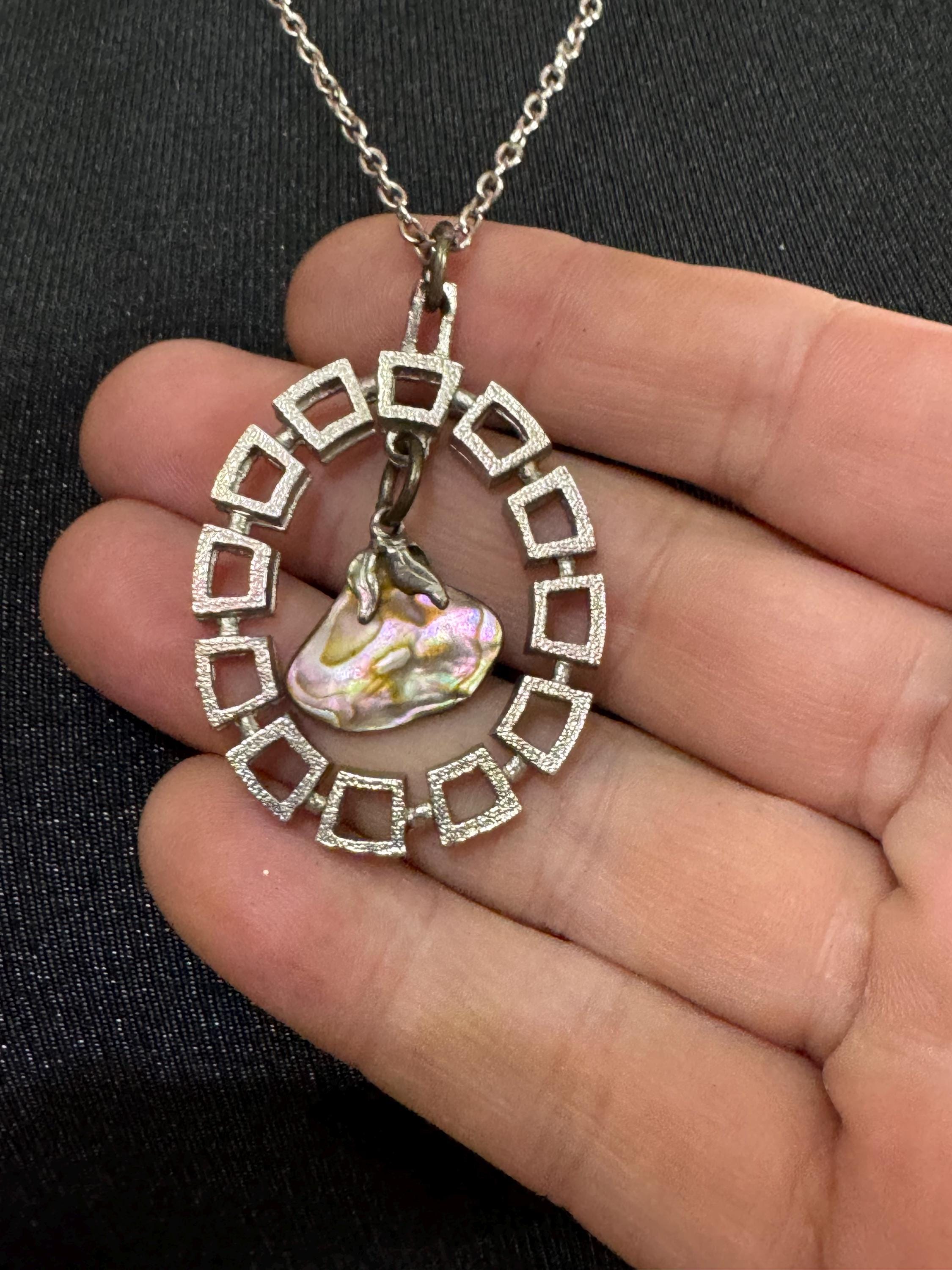 Vintage Modernist Steel Pendant Necklace: MOP Abalone Shell, 1960s Style