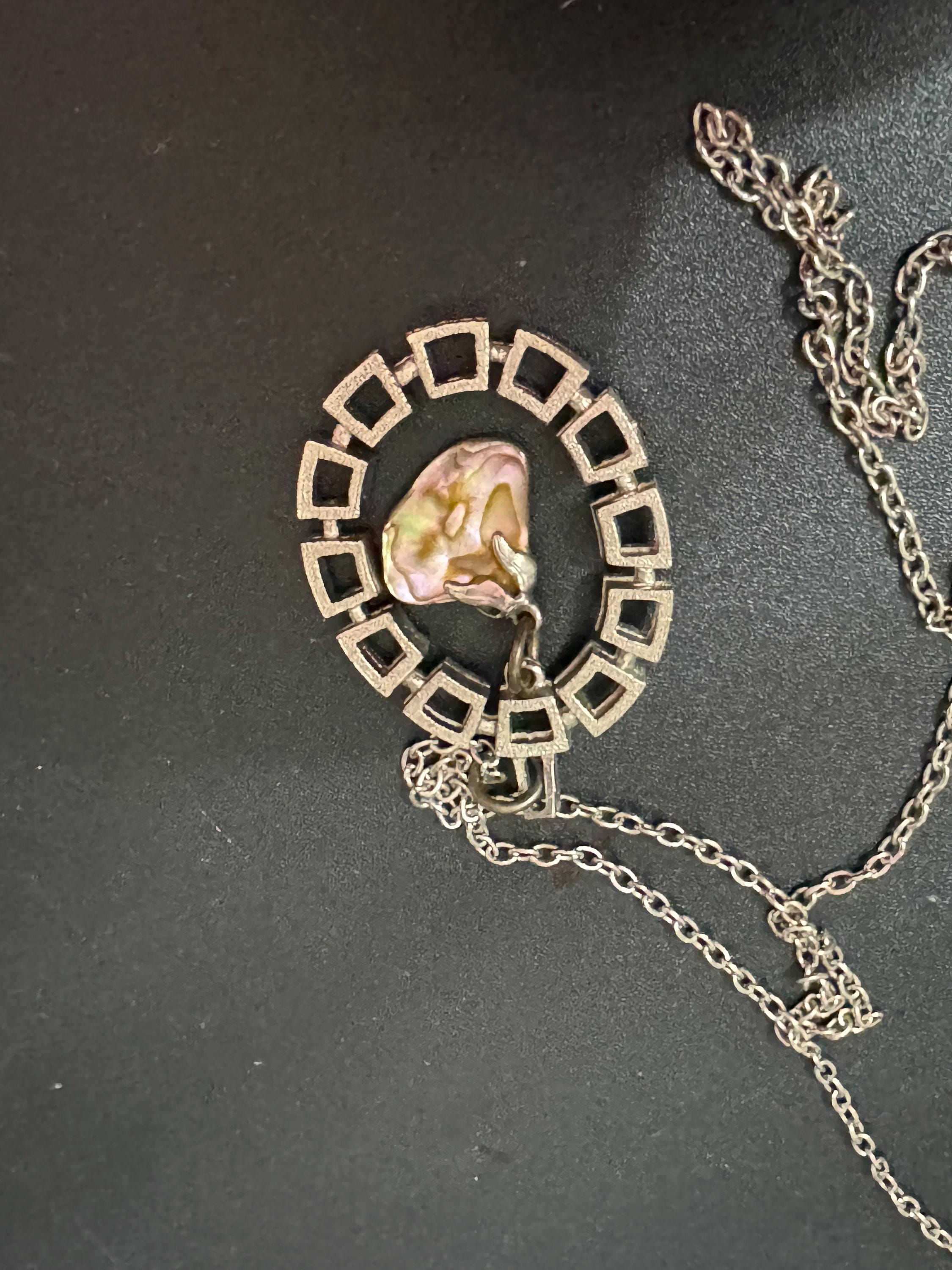 Vintage Modernist Steel Pendant Necklace: MOP Abalone Shell, 1960s Style