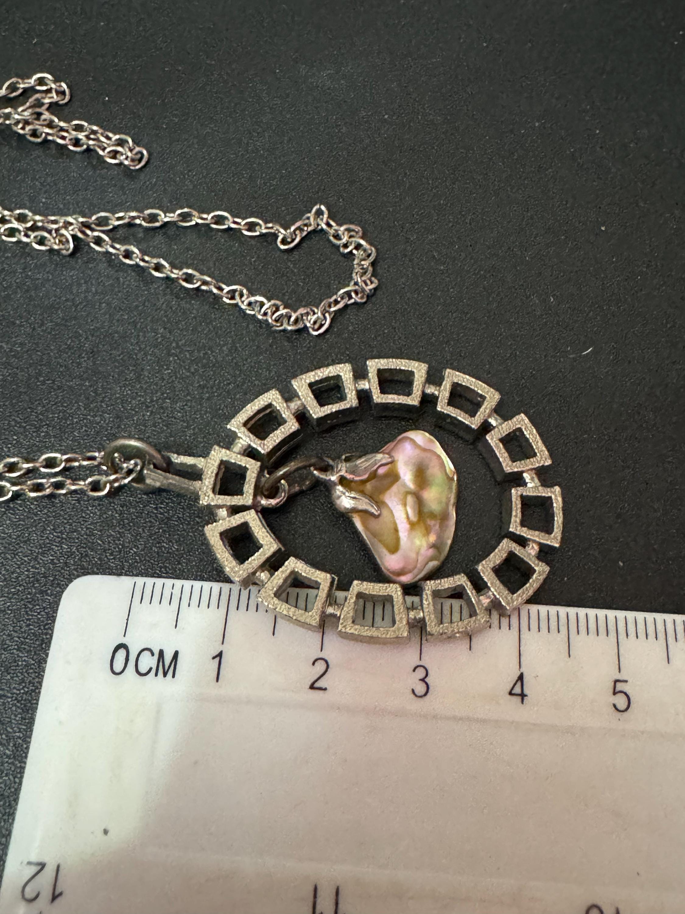 Vintage Modernist Steel Pendant Necklace: MOP Abalone Shell, 1960s Style