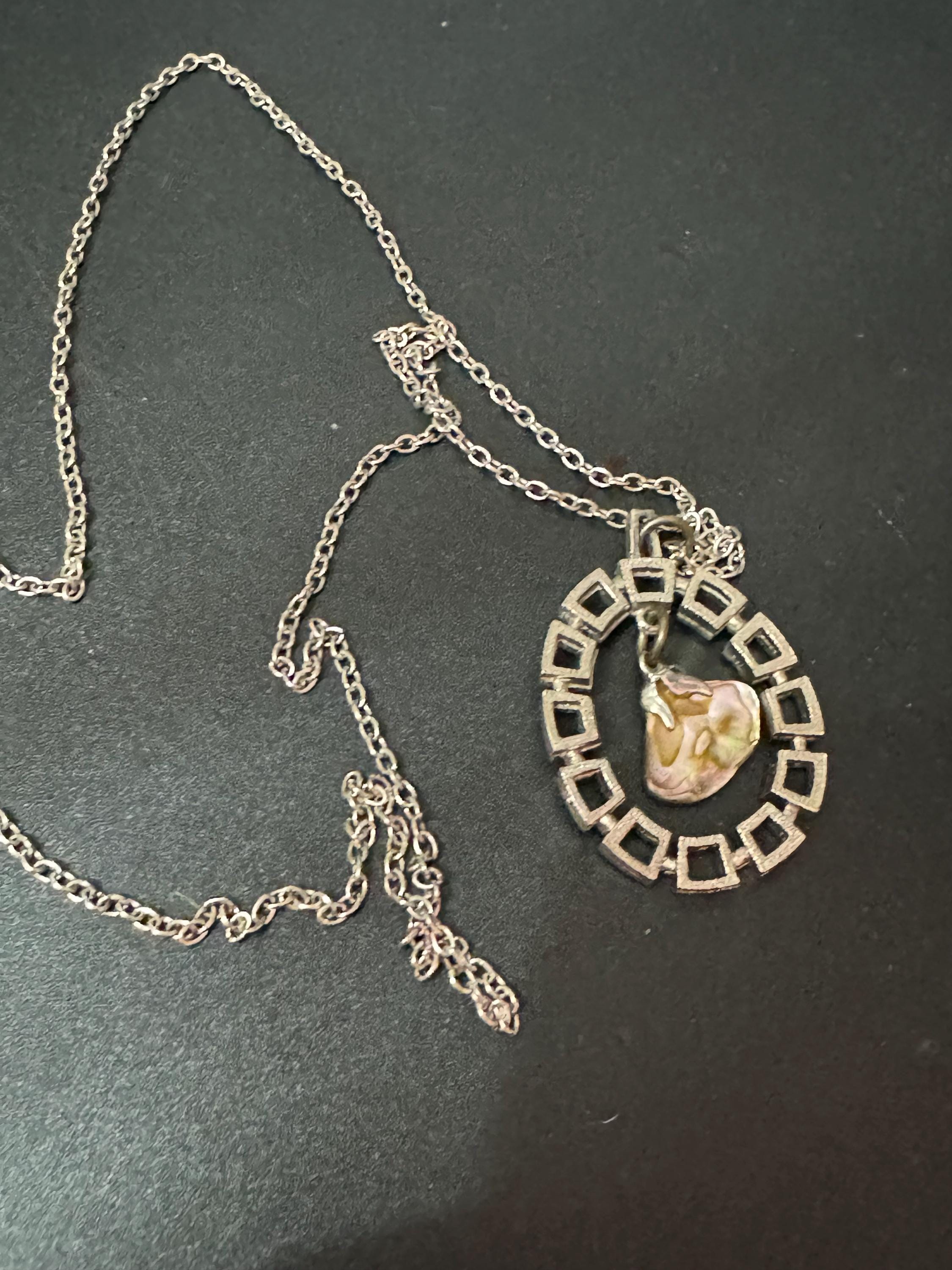 Vintage Modernist Steel Pendant Necklace: MOP Abalone Shell, 1960s Style