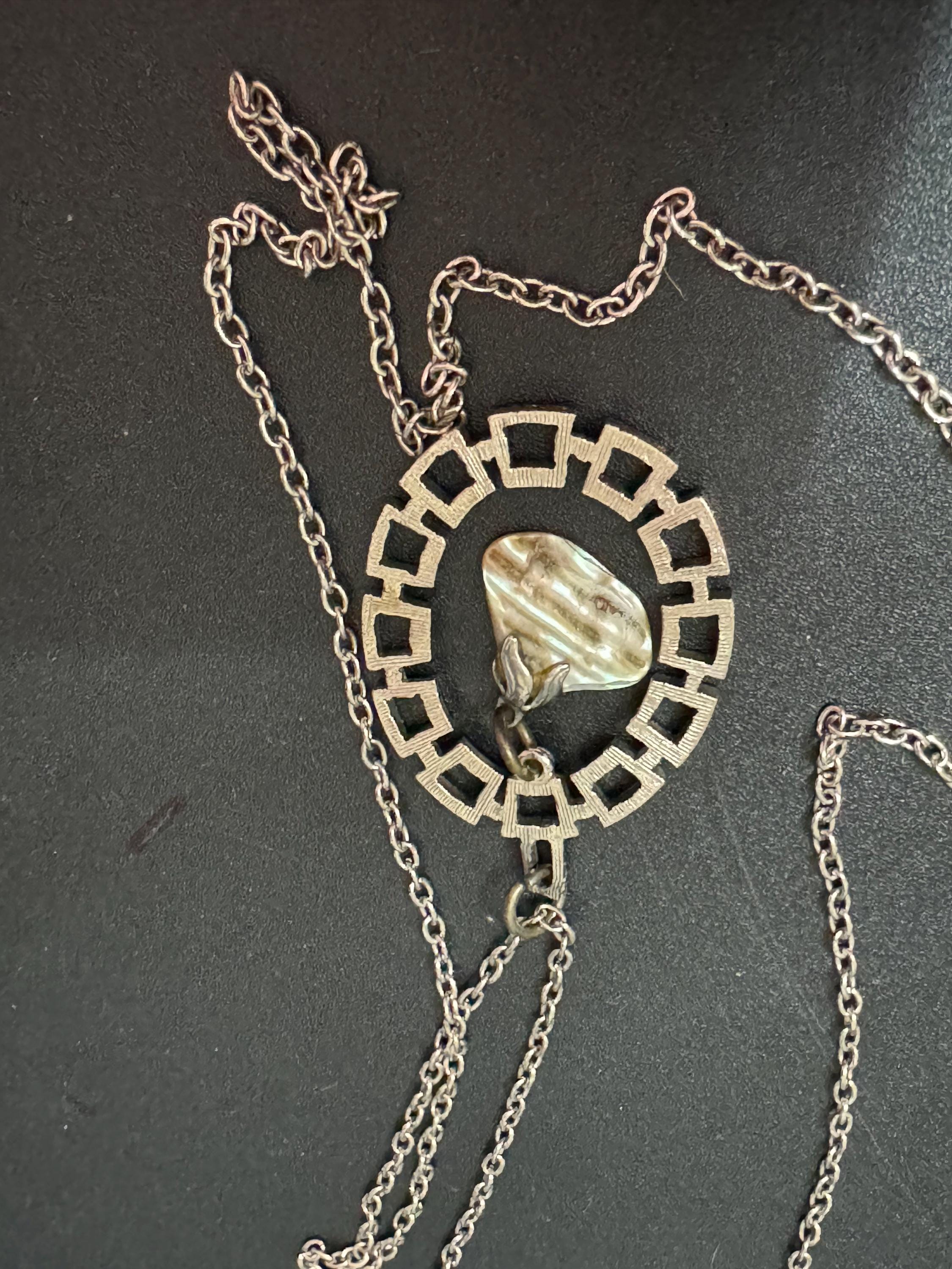 Vintage Modernist Steel Pendant Necklace: MOP Abalone Shell, 1960s Style