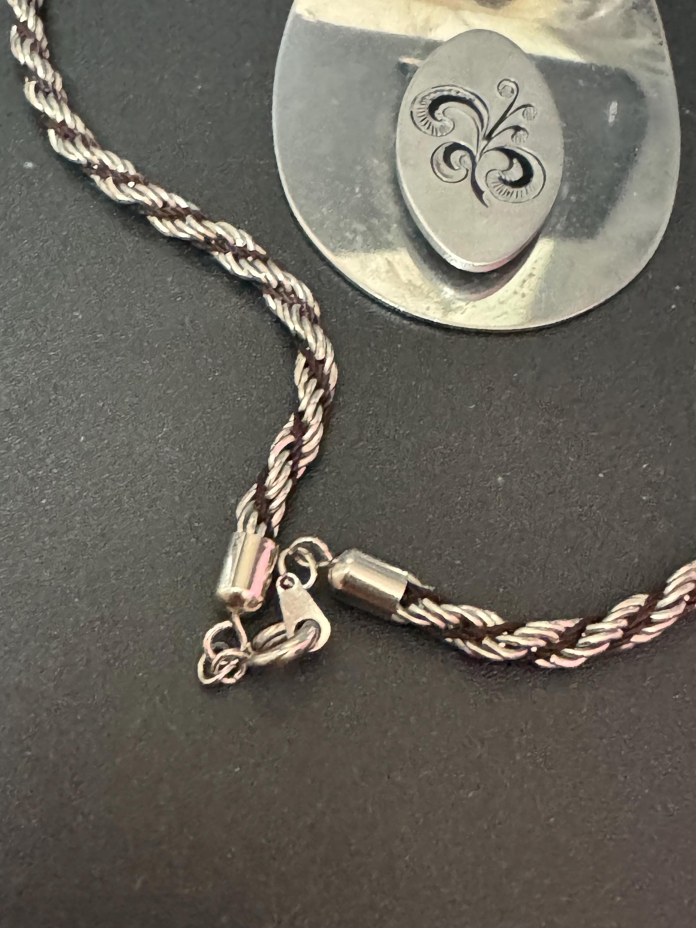 Vintage Modernist Etched Medallion Pendant Necklace: Mid Century Stainless Steel
