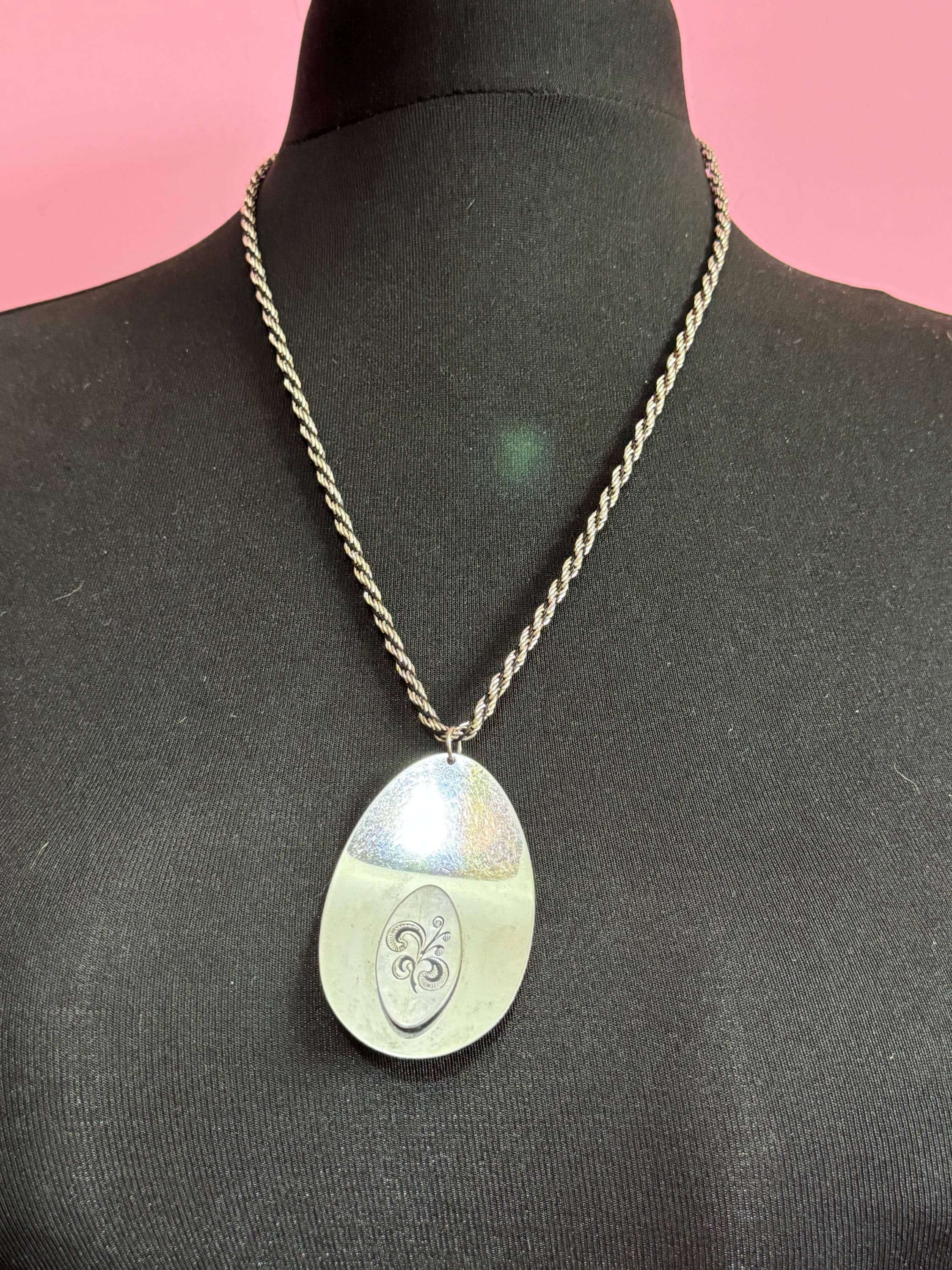 Vintage Modernist Etched Medallion Pendant Necklace: Mid Century Stainless Steel