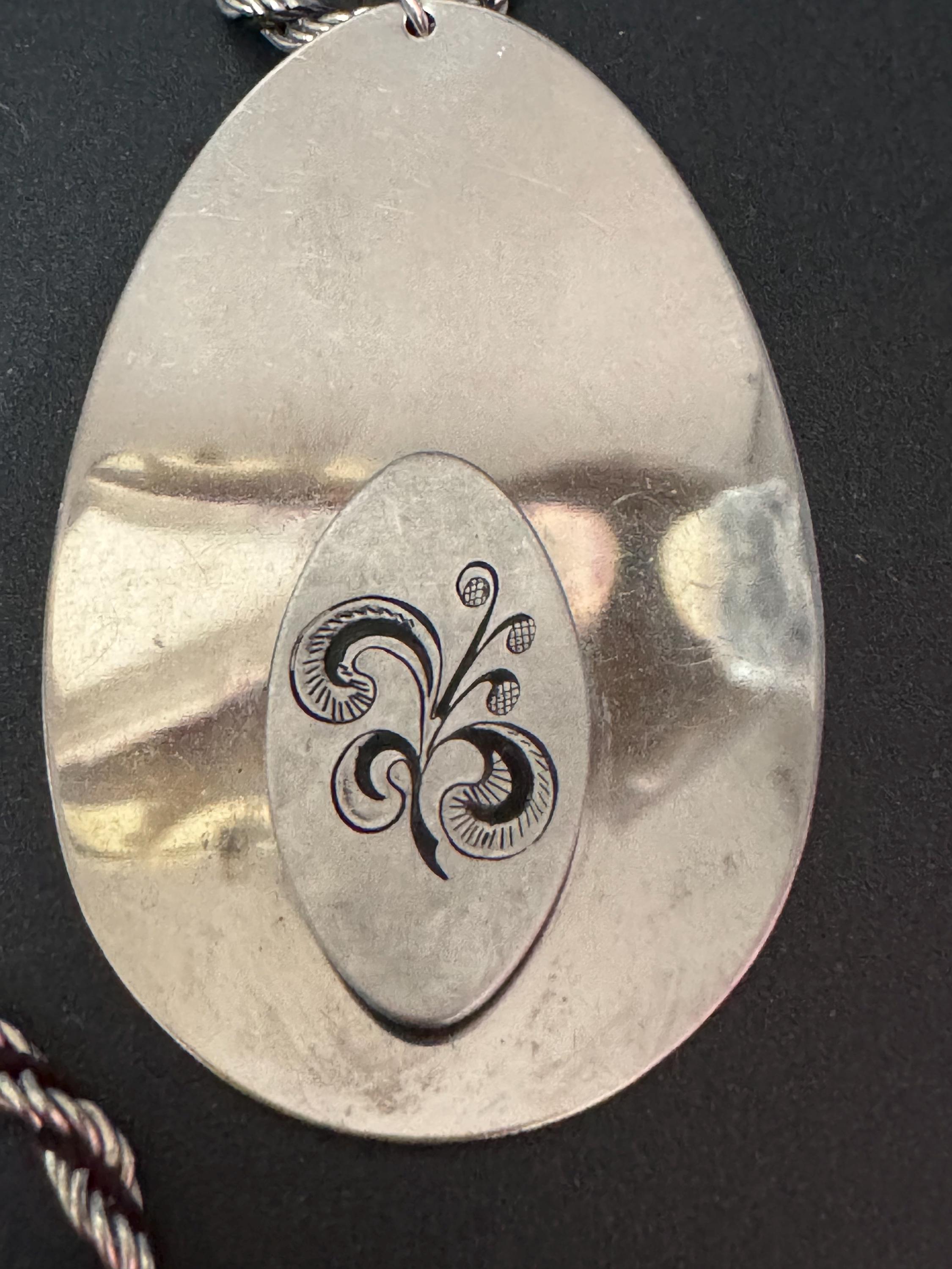 Vintage Modernist Etched Medallion Pendant Necklace: Mid Century Stainless Steel
