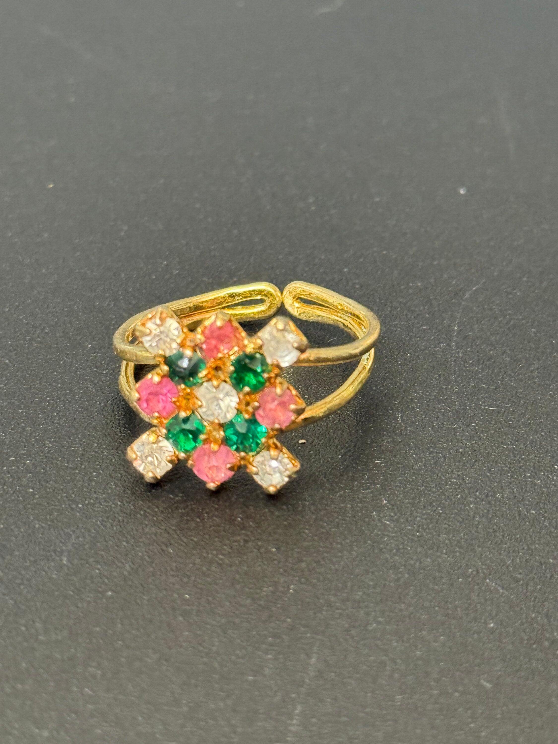 Vintage gold tone pink green clear rhinestone paste cocktail ring adjustable size